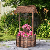 Holzbrunnen 56x56x114cm mit Dach, Wunschbrunnen, Gartendekoration, Blumentöpfe, Dekobrunnen, Blumentöpfe, Braun