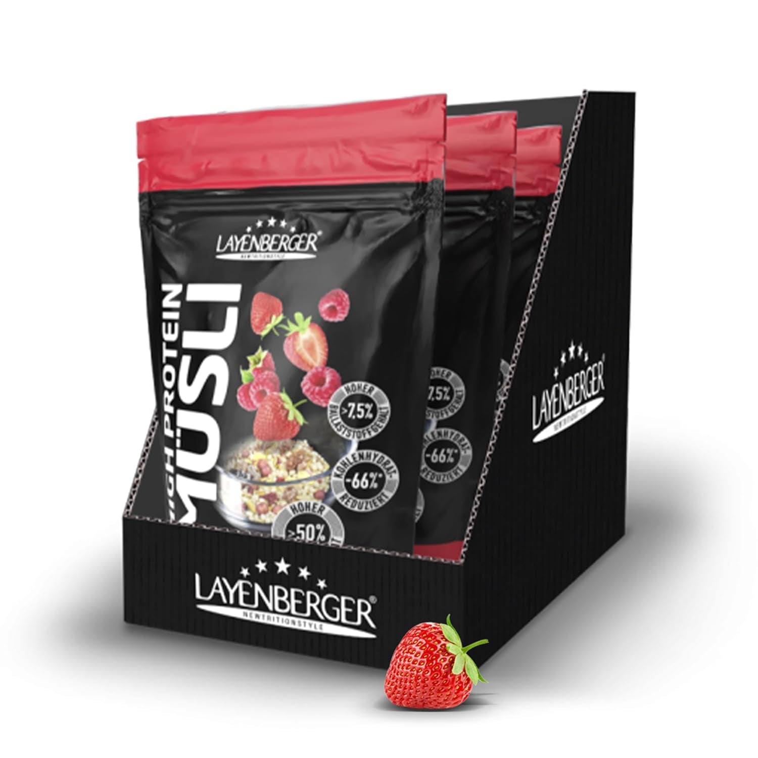 Layenberger 3K High Protein Müsli, 50% Eiweiß und 18% Kohlenhydrate - Einzelpackung (1X 390 G) - Schoko-Nuss Cereale Naty Shop 1,08 Kg (1Er Pack) Rote Beeren Mix