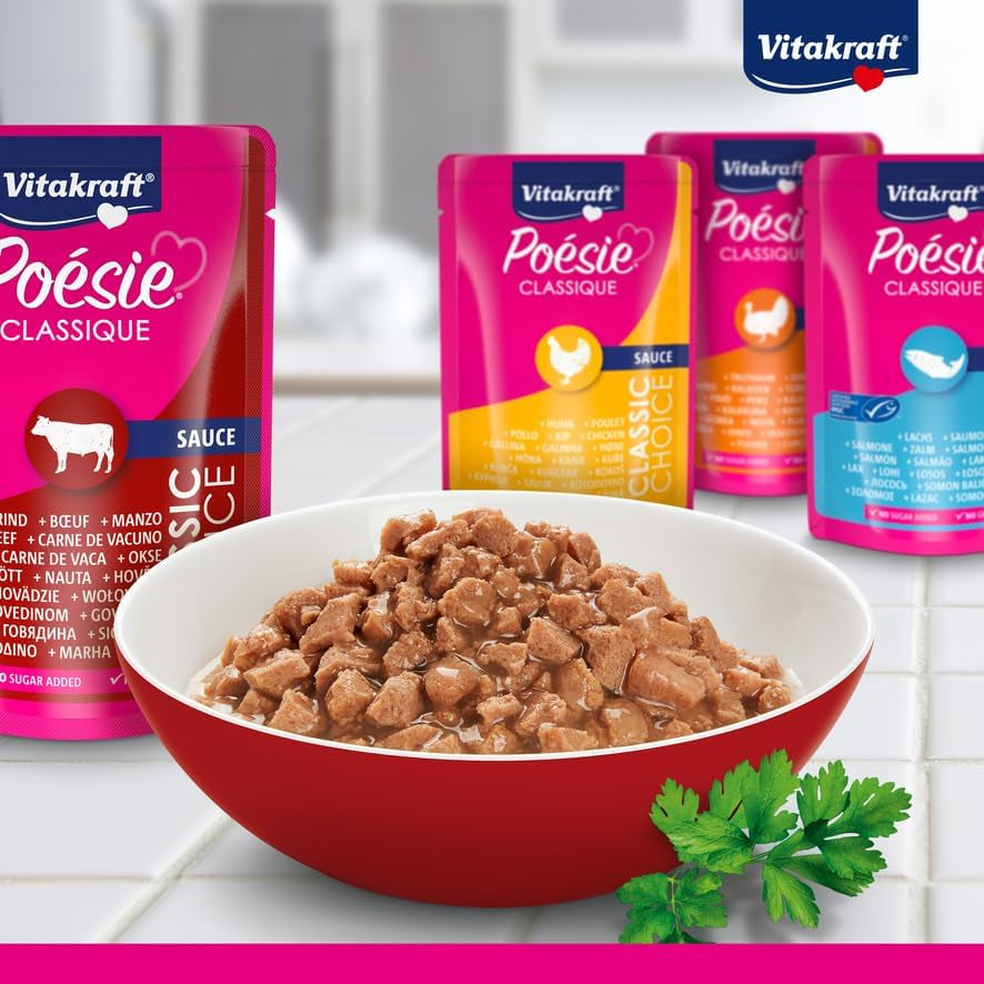 Vitakraft Poésie Classique, Nassfutter für Katzen, Katzenfutter in Soße, mit Huhn, mit Truthahn, mit Rindfleisch, mit Lachs, ohne Zuckerzusatz und Getreide (1 Packung à 12 x 85g)