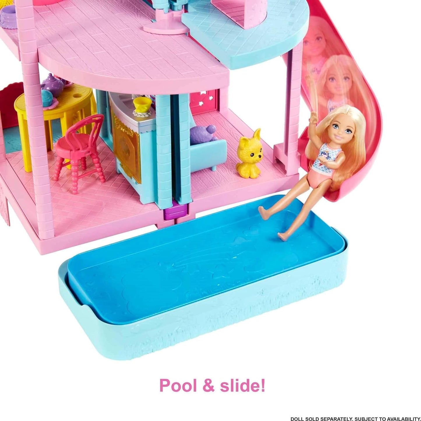 Barbie Chelsea Spielhaus – 3 verwandelnde Etagen, geheime Spielbereiche, Aufzug, Pool, Rutsche, 2 Haustiere und mehr als 20 Zubehörteile, ab 3 Jahren, HHX44
