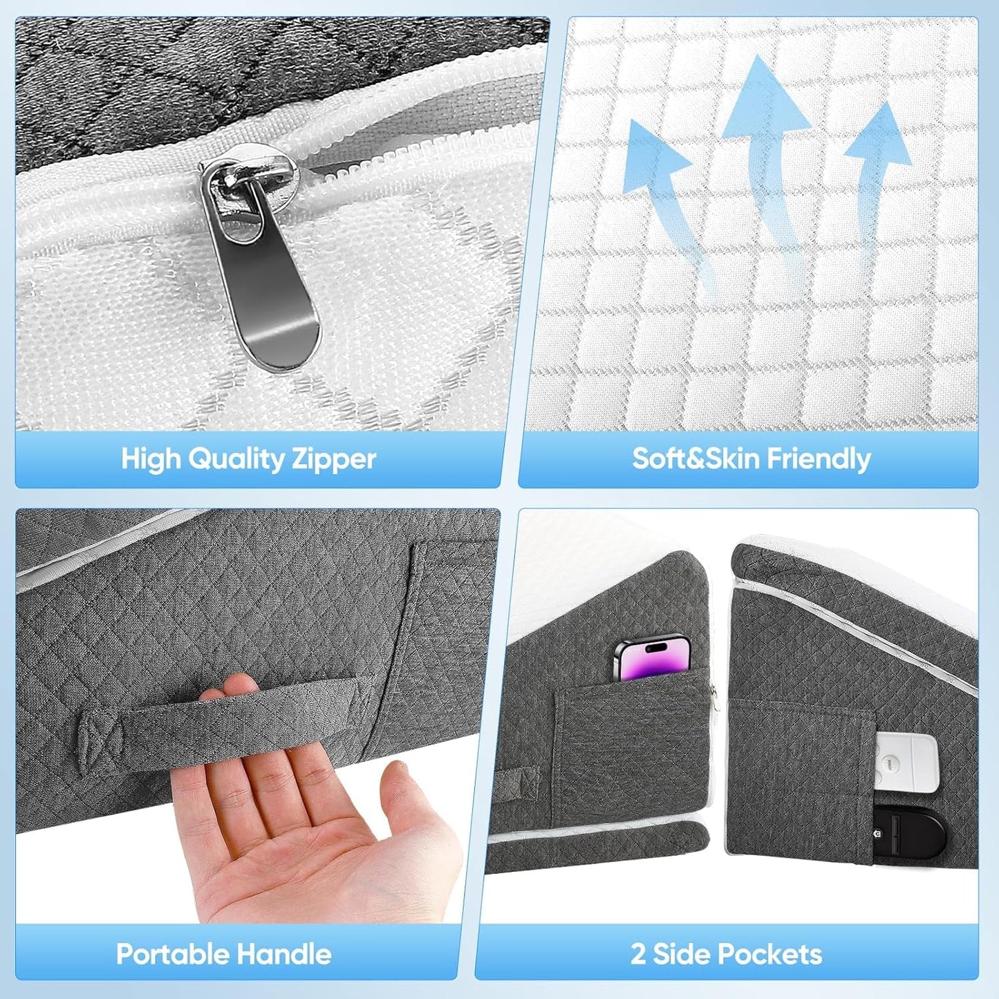 Federkissen für Bett und Sofa, L50xB50xH26. Doppeltes Lesekissen mit waschbarem Bezug, Memory-Schaum, gegen Schnarchen und für mehr Komfort im Nacken- und Rückenbereich