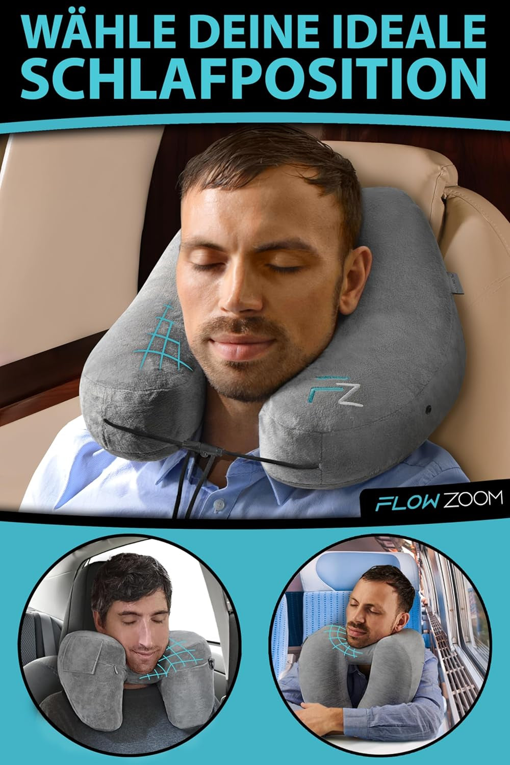 FLOWZOOM AIR Aufblasbares Nackenkissen mit Kapuze – Flugzeug-Nackenkissen – Reisekissen – schnell aufblasbares Reise-Nackenkissen – Flugzeugkissen – Reisekissen – Nackenkissen für Erwachsene (grau). Zervikale orthopädische Kissen von Naty Shop