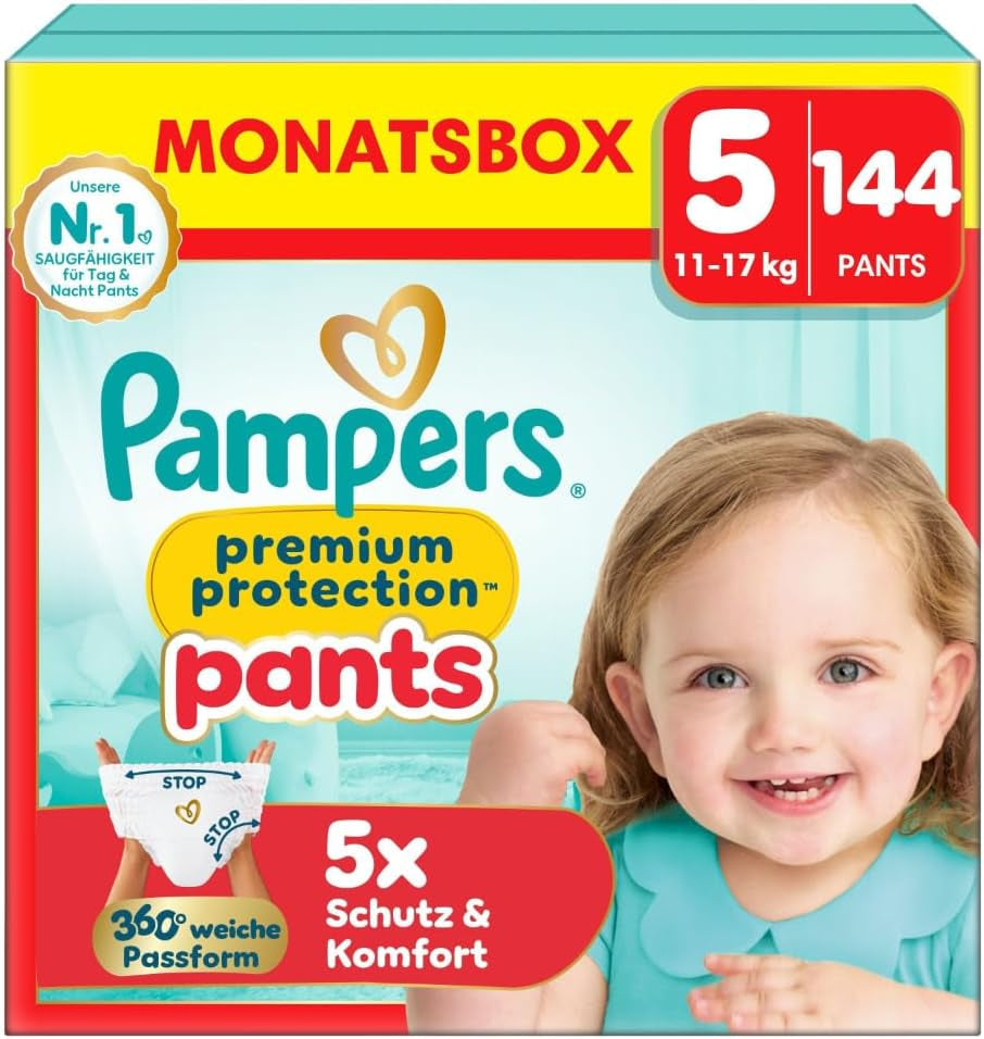 Pampers Premium Protection Pants Größe 7, 123 Windeln, 15 kg+, mit 360°-Anpassung und weichen Anti-Leck-Bündchen für optimalen Komfort und Schutz