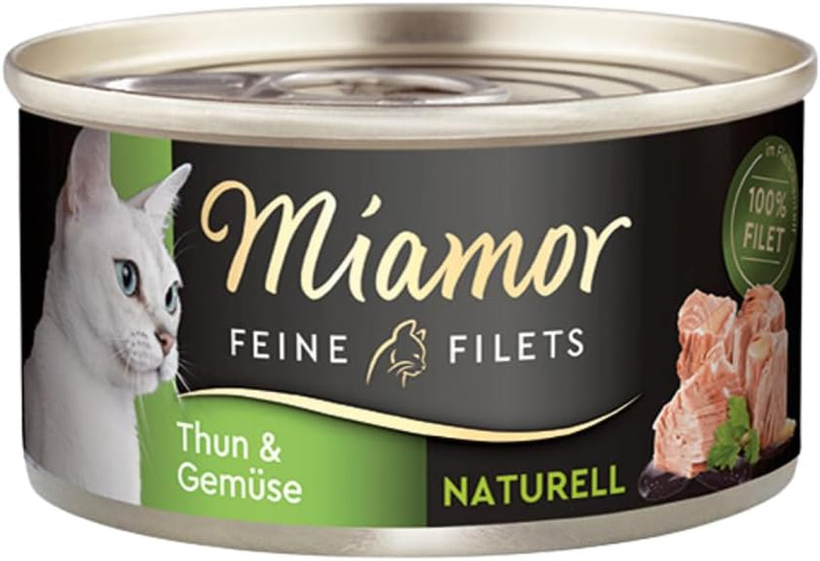 - Feine Naturfilets | Nassfutter für ausgewachsene Katzen mit Filetstücken im eigenen Saft. Ergänzungsnahrung mit geringem Fettgehalt, konserviert, ohne künstliche Zusatzstoffe | 24 x 80g Thunfisch und Gemüse