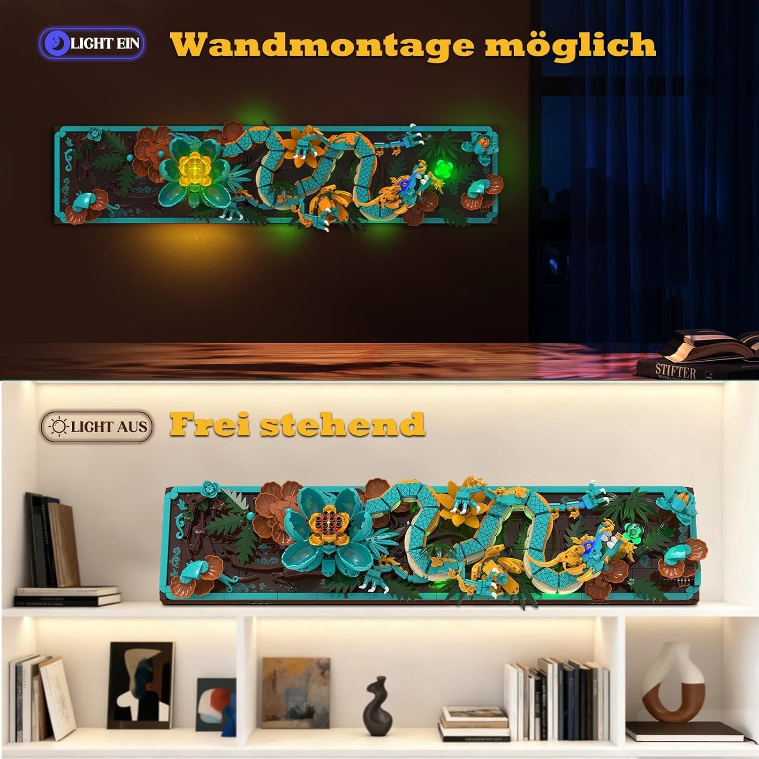 Mythischer Drache-Fliesenbausatz für Erwachsene, 3D-Göttliches Loong-Kunstbauspielzeug mit LED-Lichtern und Blumen, DIY-Drachen-Relief-Modellbausatz, kreative Geschenke und Dekorationen (1676 Teile)