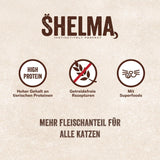 Shelma Nasses Katzenfutter Megapack mit Rind, Truthahn, Huhn und Ente – getreidefreies Vollfutter mit hohem Fleischanteil – 40 x 85 g (3,4 kg)