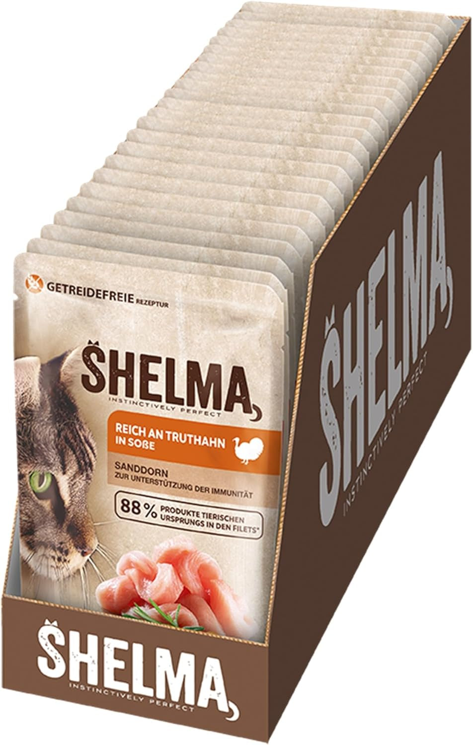 Shelma Nassfutter für Katzen mit Truthahn in Tomaten- und Kräutersauce – getreidefreies Vollfutter mit hohem Fleischanteil – 28 x 85 g (2,38 kg)