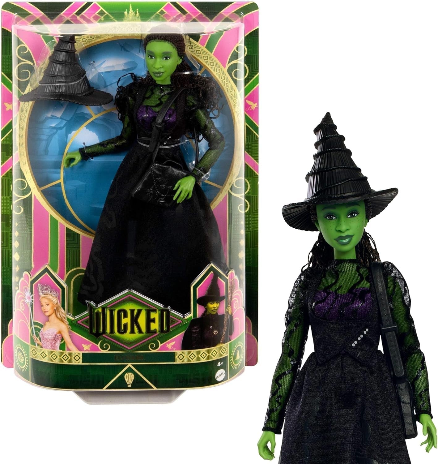 Mattel Wicked Elphaba Modepuppe und Zubehör mit grüner Haut, schwarzem geflochtenem Haar, verschiedenen möglichen Posen und erweiterbarem Ballkleid-Aussehen, HXT62, [Mehrfarbig] Naty Shop Dolls Standardtitel