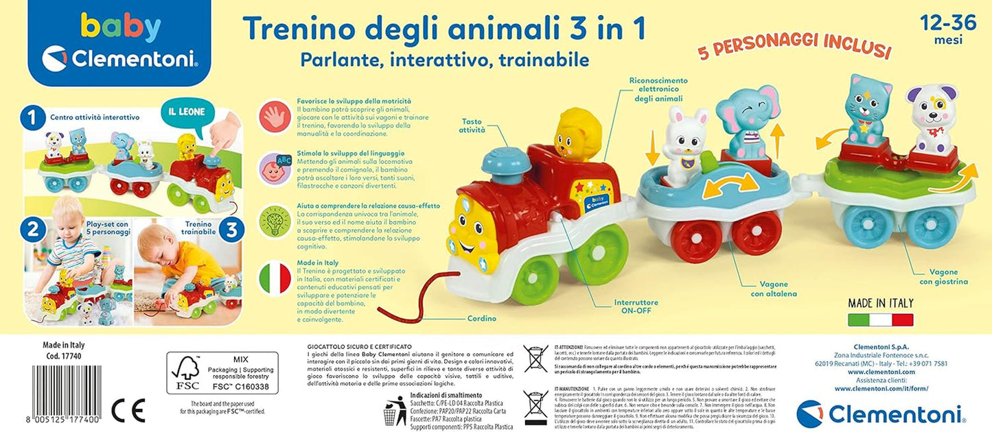 Clementoni Animali-3, sprechendes, interaktives, erweiterbares elektrisches Zugspielzeug für 1-jährige Babys (italienische Version), hergestellt in Italien, mehrfarbig, 17740 Jucarii Bebe Naty Shop