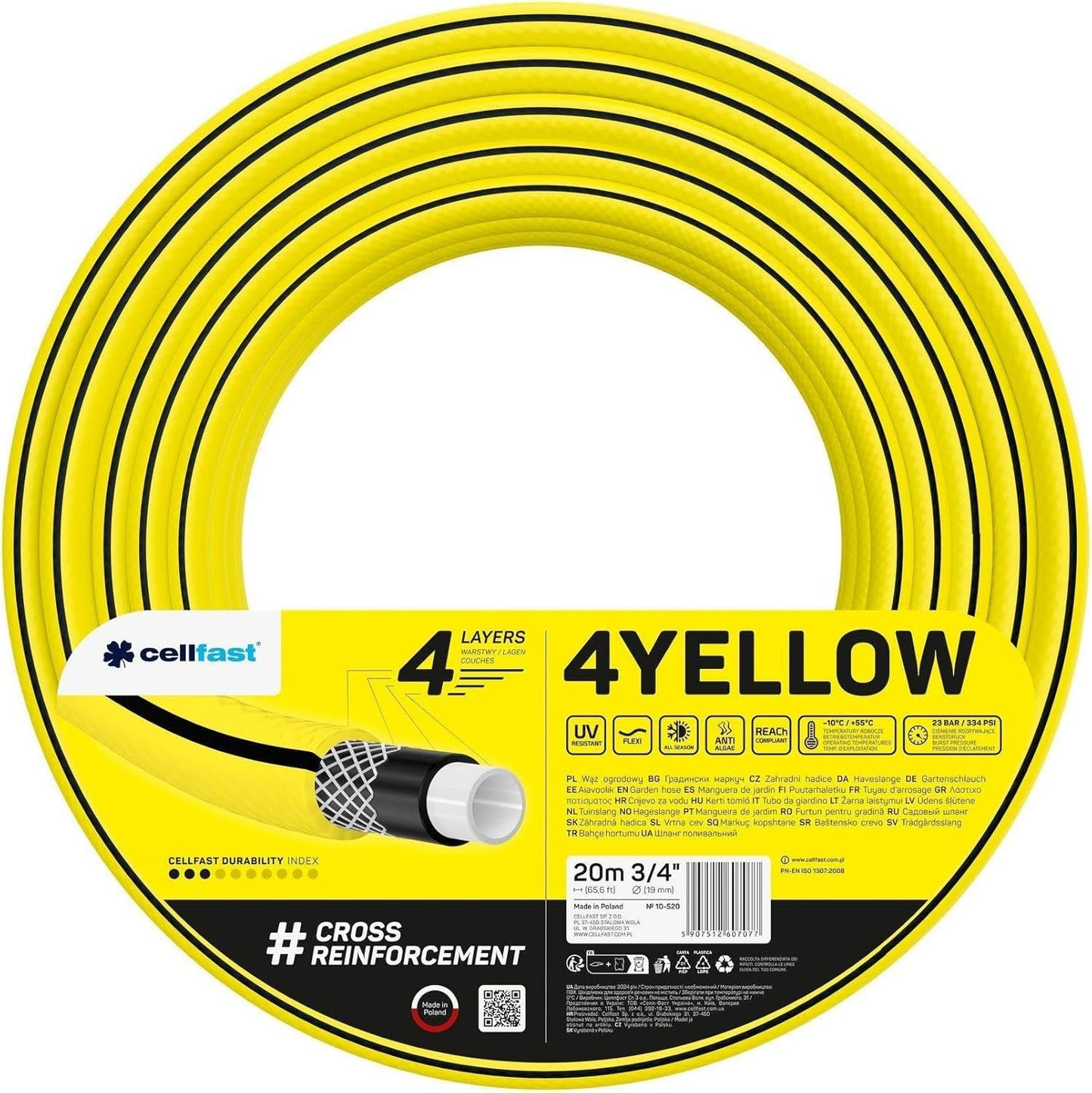 Gartenschlauch Cellfast GELB, leicht, langlebig, 4-lagig, langlebiges Kreuzgeflecht, UV- und algenbeständig, verdrehsicher, REACH-Technologie, 20 bar, -10/+50°C, 3/4"-Verschluss, 20 m