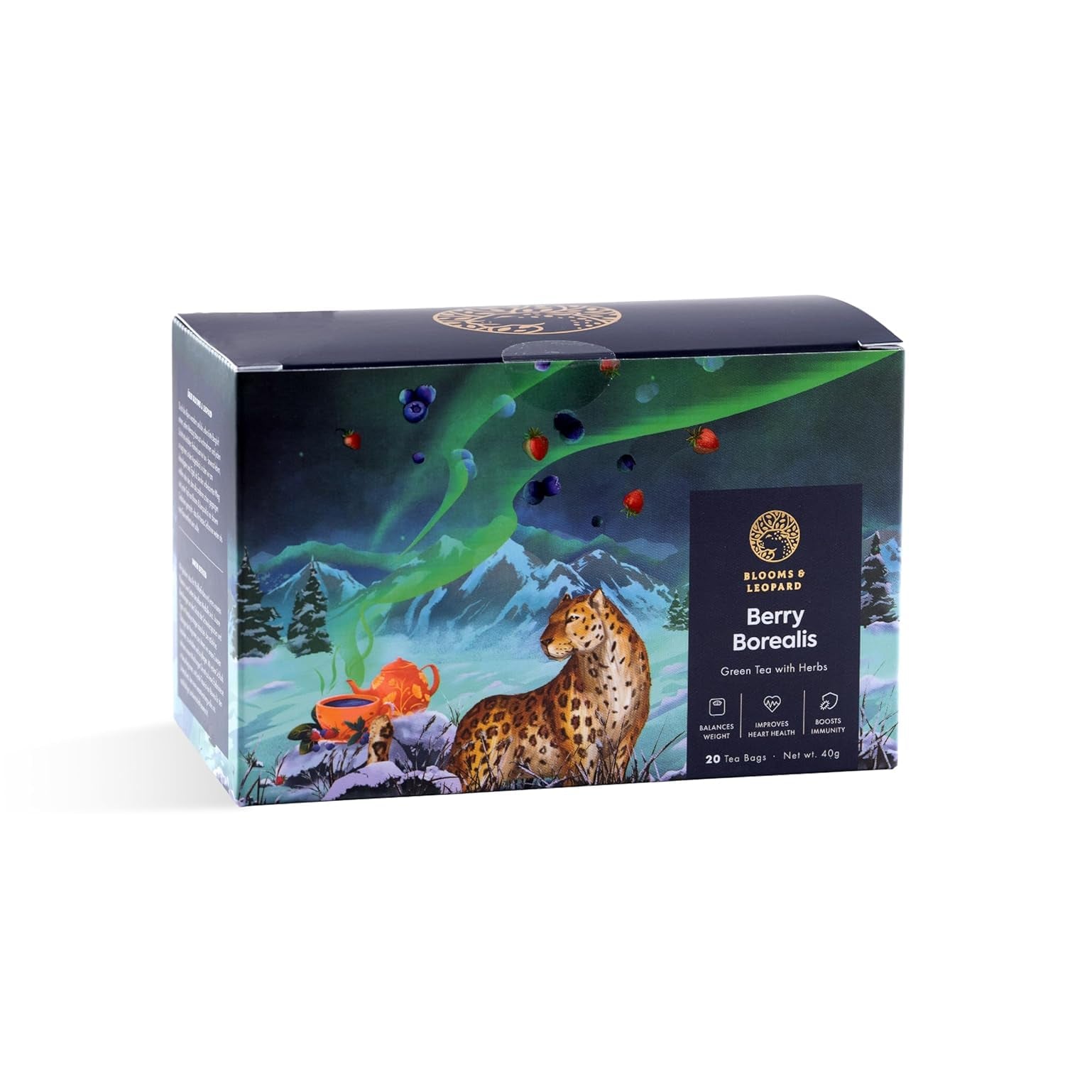 Blooms & Leopard Premium-Grünteebeutel – Beeren-Borealis-Mischung mit Hibiskus, Blaubeere, Erdbeere und grüner Minze – 20 Pyramiden-Teebeutel für heißen oder kalten Tee