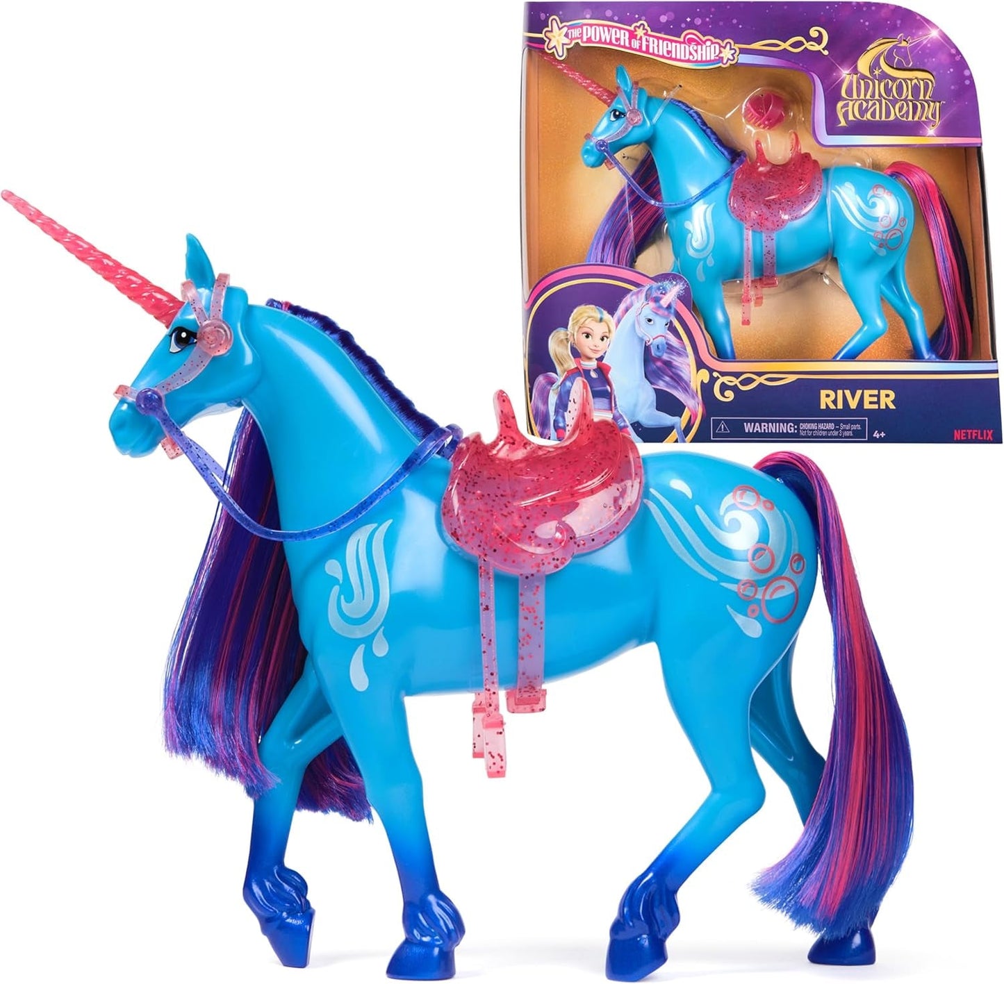 Unicorn River Einhorn-Akademie – 28 cm hohes, originales Isabel-Einhorn aus der Netflix-Serie, mit echter Mähne und Schweif, abnehmbarem Zaumzeug und Sattel sowie Bürste, für Kinder ab 4 Jahren