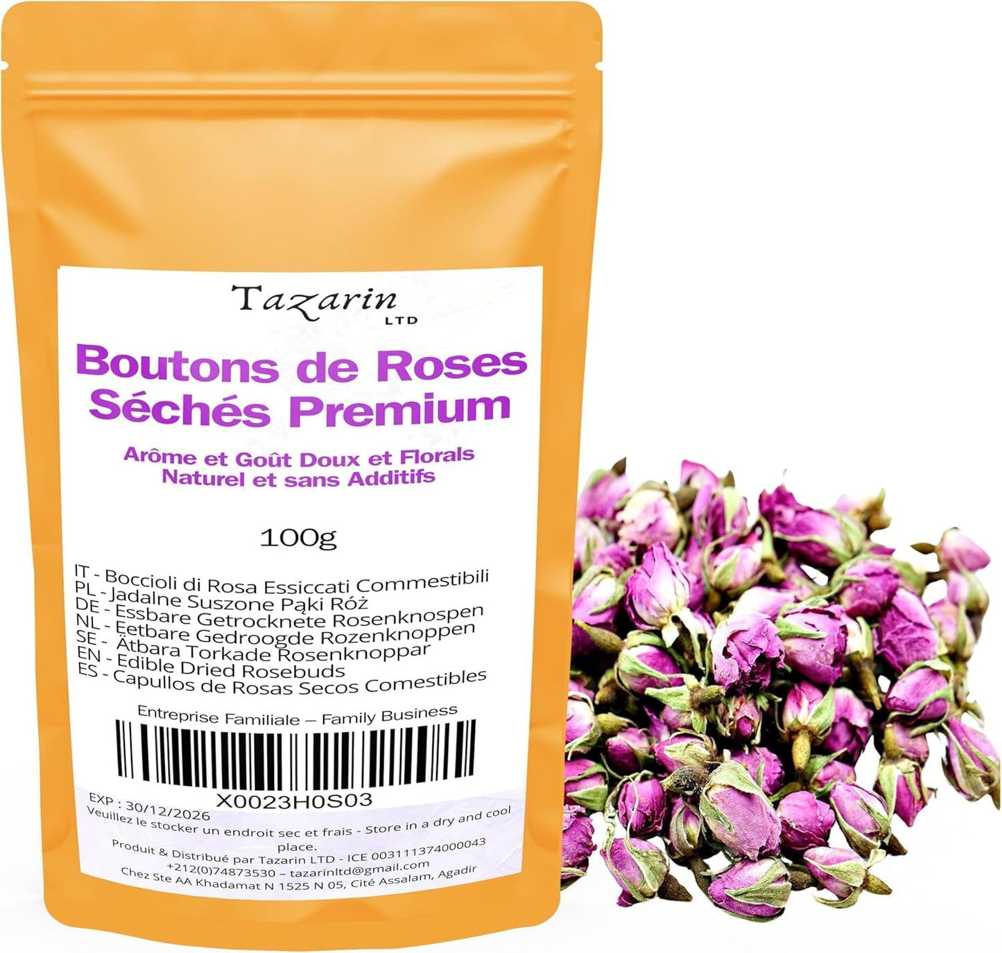 100 g essbare Premium-Rosenknospen – getrockneter Atlas-Rosenblütenaufguss – süßer und blumiger Geschmack und Aroma – 100 % natürlich, rein und ohne Zusatzstoffe | Tazarin Ltd