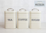 KitchenCraft Living Nostalgia Set mit 3 Vorratsdosen für Tee, Zucker und Kaffee in Geschenkbox, Stahl, Antikcreme, 11 cm x 11 cm x 17 cm, Vintage-Blau. Aufbewahrungsboxen für Lebensmittel von Naty Shop