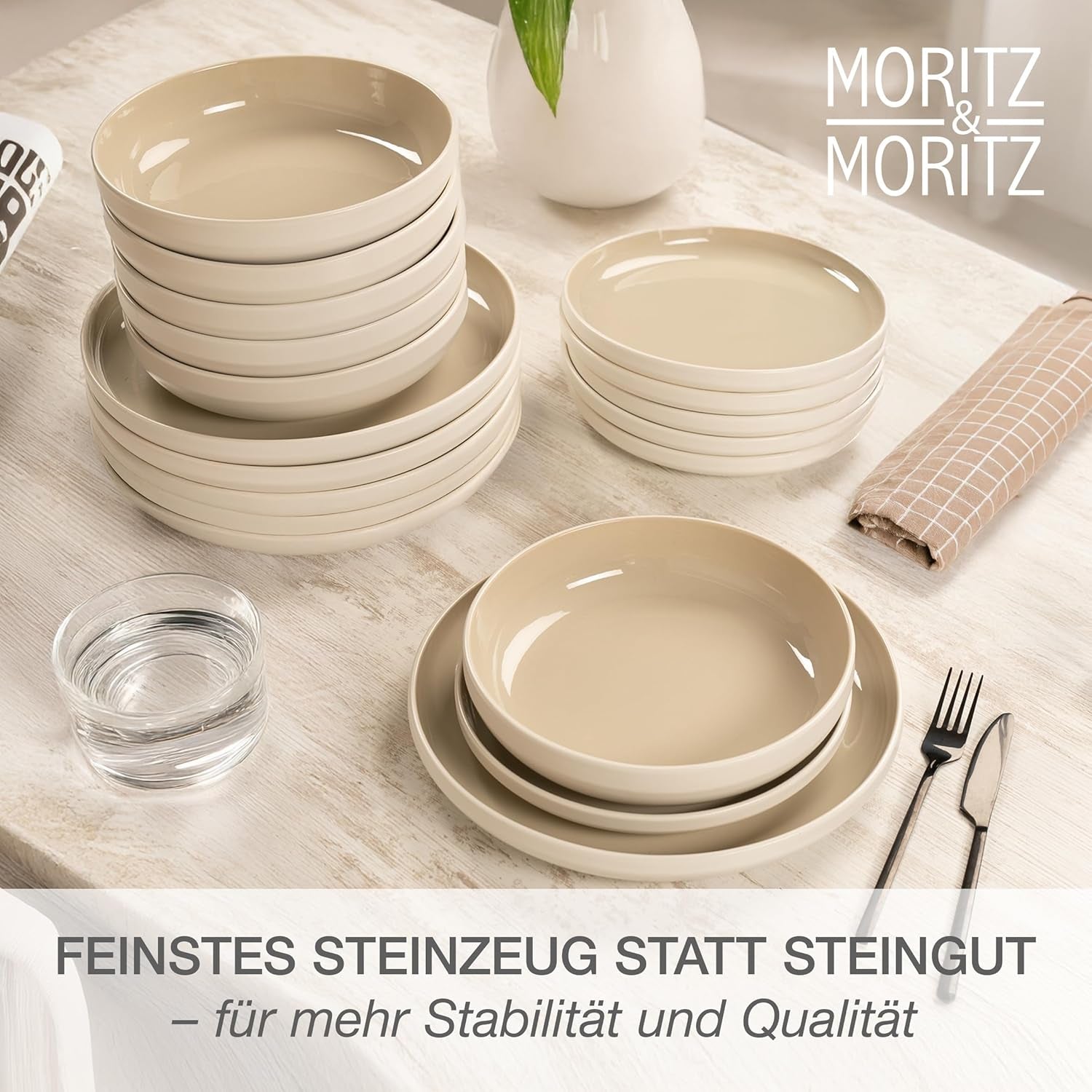 Moritz & Moritz CAVO Steinzeug-Geschirrset für 12 Personen, 36-teilig – Modernes Tafelservice in Sandfarbe – Pflegeleichtes Kombi-Set mit Tellern und Schüsseln – Kaffeeservice