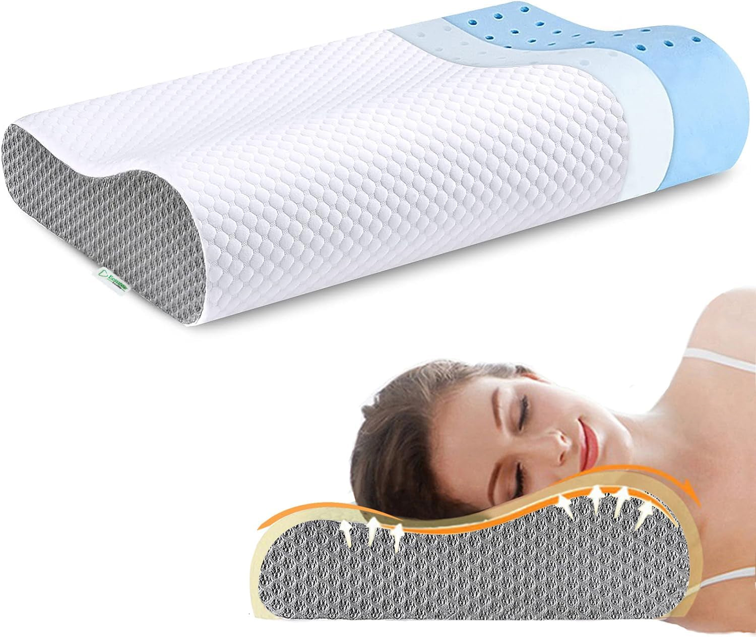 Memory-Schaum-Kissen, Nackenstützkissen, ergonomisches Nackenkissen für verschiedene Schlafpositionen mit abnehmbarem Bezug, orthopädische Nackenkissen, Naty Shop, Grau-Weiß
