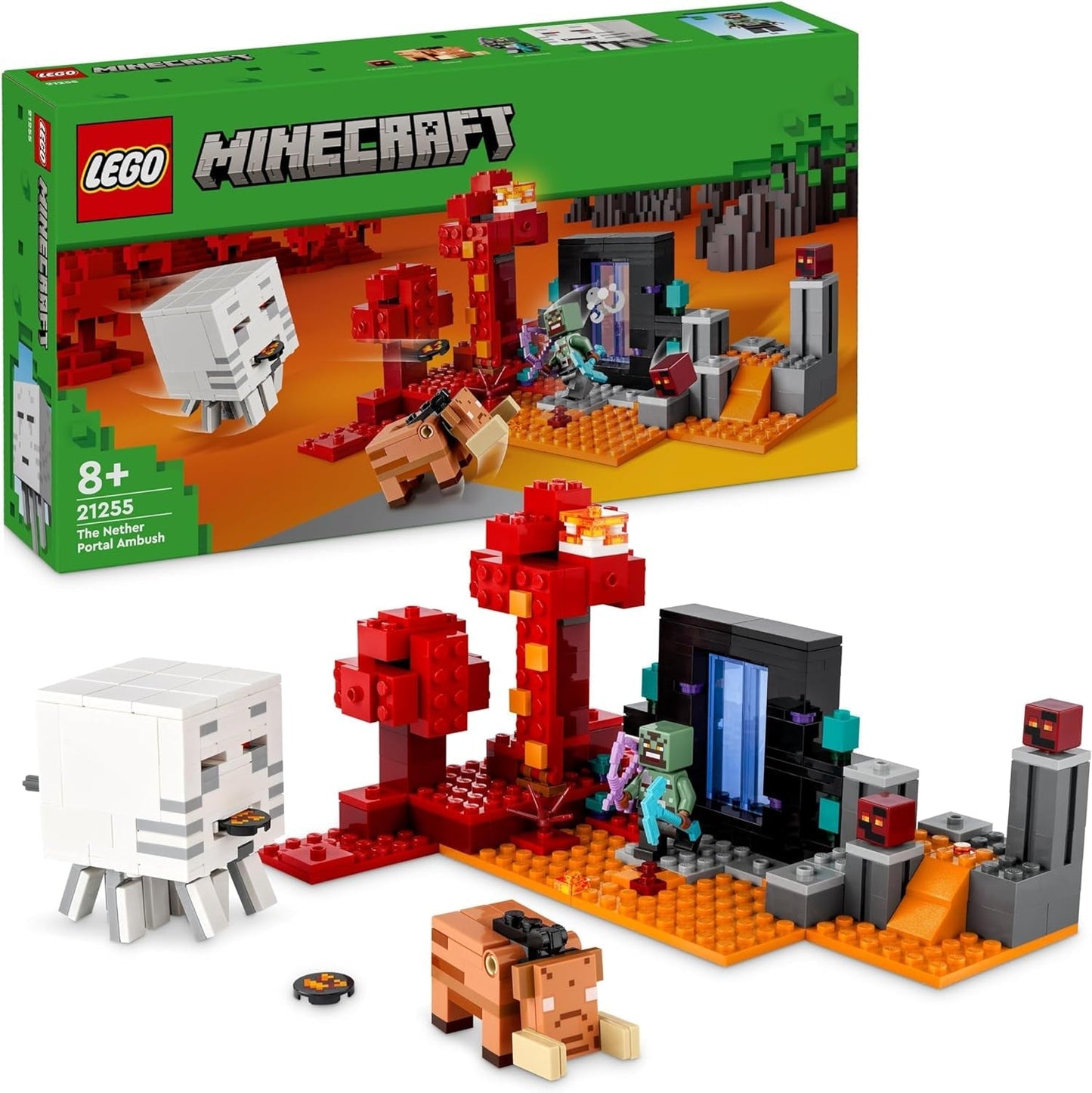 LEGO Minecraft Ambush at the Nether Portal Nether-Spielspielzeug für Kinder mit Kampfszenen und legendären Figuren, einschließlich Ghast-Geschenk für Gamer-Jungen und -Mädchen ab 8 Jahren, 21255 Bausets. Besuchen Sie den LEGO-Store Single