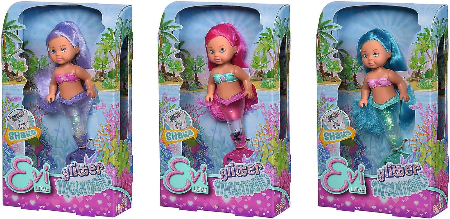 Simba 105733482 – Evi Love Glitter Mermaid, Meerjungfrauenpuppe mit einer Schwanzflosse, die beim Schütteln leuchtet. Es wird nur EIN Artikel bereitgestellt.