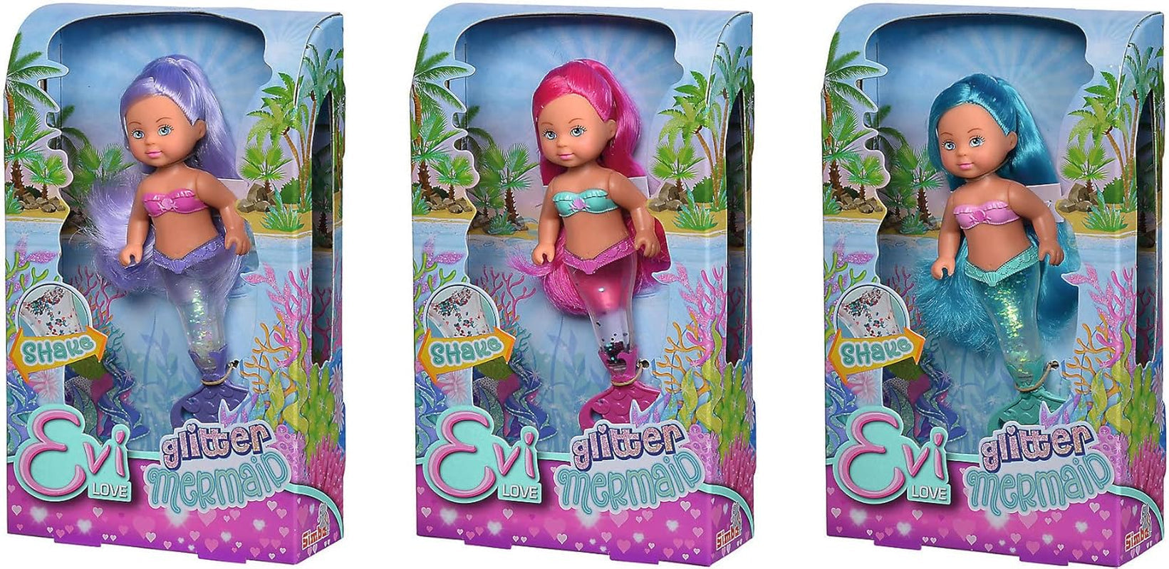 Simba 105733482 – Evi Love Glitter Mermaid, Meerjungfrauenpuppe mit einer Schwanzflosse, die beim Schütteln leuchtet. Es wird nur EIN Artikel bereitgestellt.