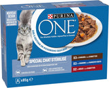 PURINA EINS | BIFENSIS | Futter für sterilisierte erwachsene Katzen | Unterstützt die Vitalität, Knochen, Muskeln und Gelenke der Katze | In Soße | Beutel mit Ente, Sardinen, Rindfleisch, Frische | 1 Stück (8 x 85g)