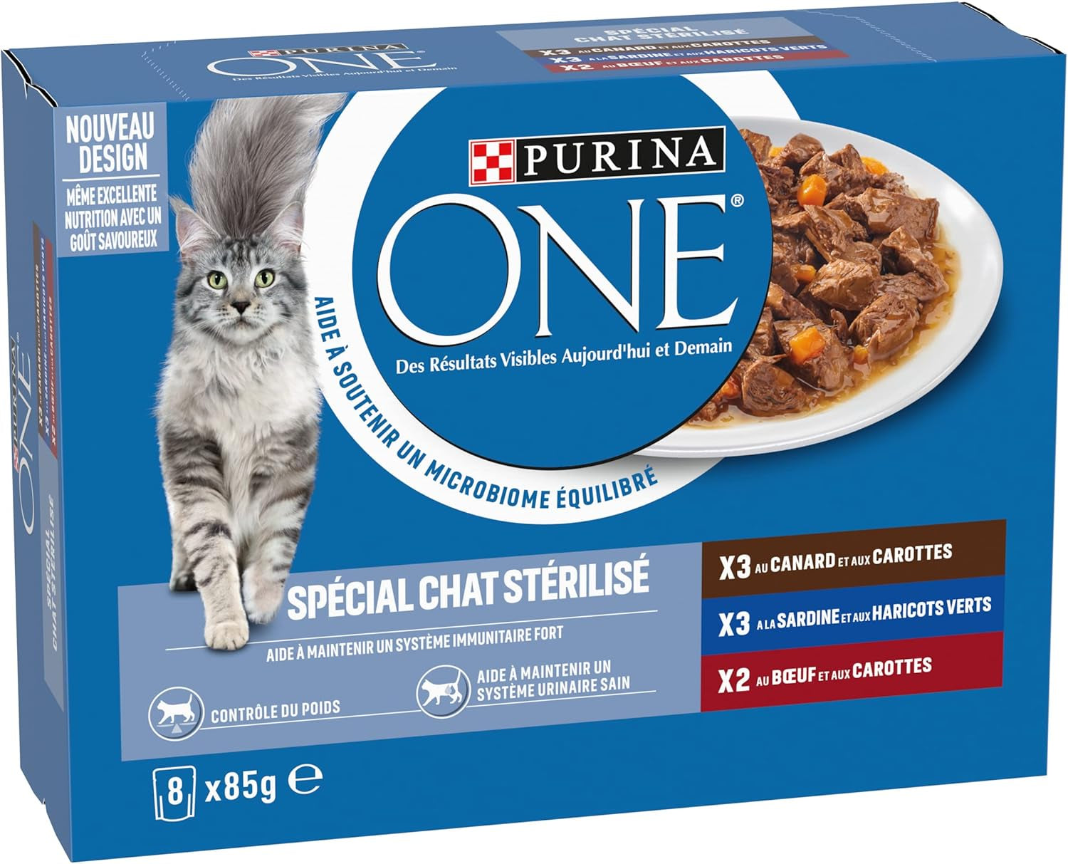 PURINA EINS | BIFENSIS | Futter für sterilisierte erwachsene Katzen | Unterstützt die Vitalität, Knochen, Muskeln und Gelenke der Katze | In Soße | Beutel mit Ente, Sardinen, Rindfleisch, Frische | 1 Stück (8 x 85g)
