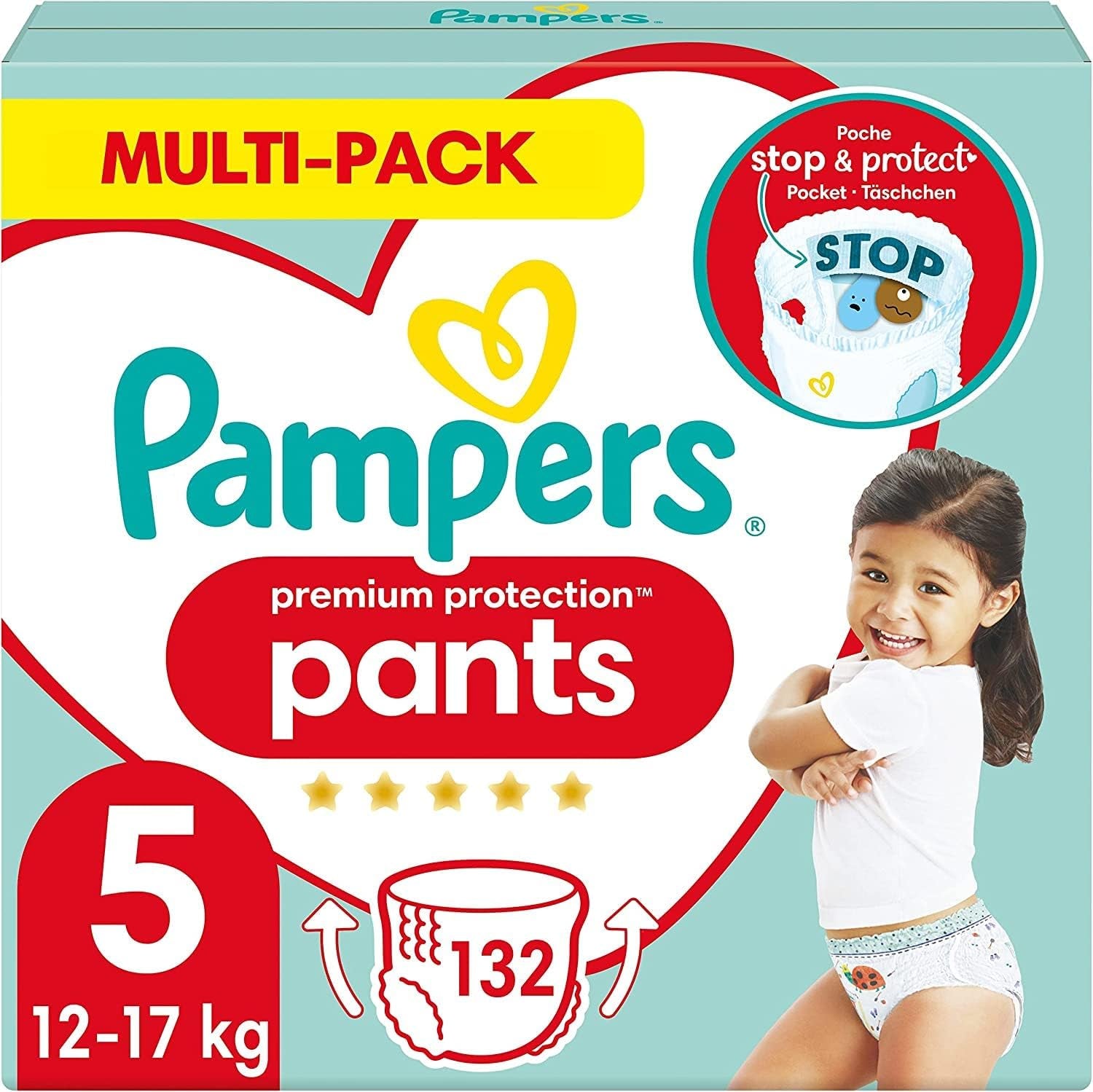 Pampers Premium Protection Pants Größe 5, 144 Windeln, 11 kg – 17 kg, mit 360°-Anpassung und weichen Anti-Leck-Bündchen für optimalen Komfort und Schutz