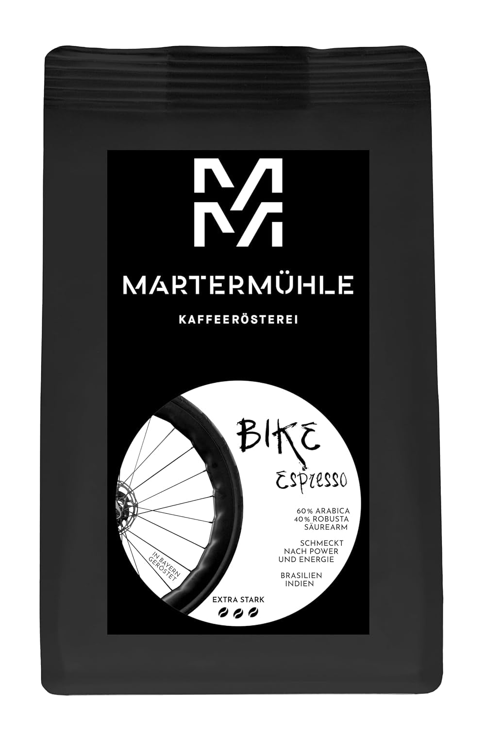 Espressobohnen Martermühle Bike 500g Stark | Arabica/Robusta | Geschmacksrichtungen: Macadamianüsse, Milchschokolade | Hell geröstete ganze Espressobohnen, geringer Säuregehalt