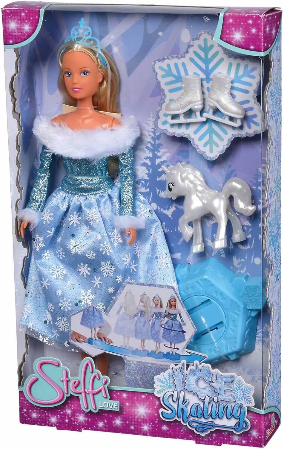 Simba 105733631 - Steffi Love Skating, Winterprinzessin Spielpuppe mit magischer Eislaufplattform und kleinem Einhorn, 29 cm, ab 3 Jahren