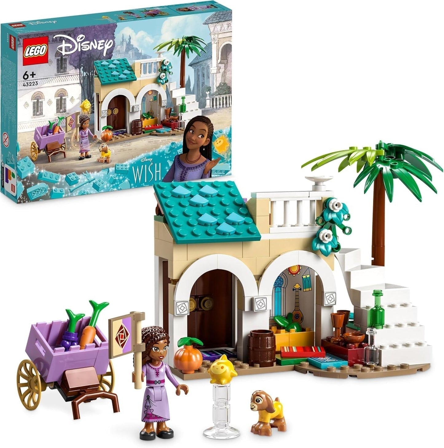 LEGO 43223 Disney Wish Asha in Rosas City, Wish-Filmset mit Markt, Asha-Minipuppe, Valentino als Spielzeugziege und Sternfiguren, Geschenk für Kinder ab 6 Jahren, Bausets für Mädchen und Jungen. Besuchen Sie den LEGO-Store Single