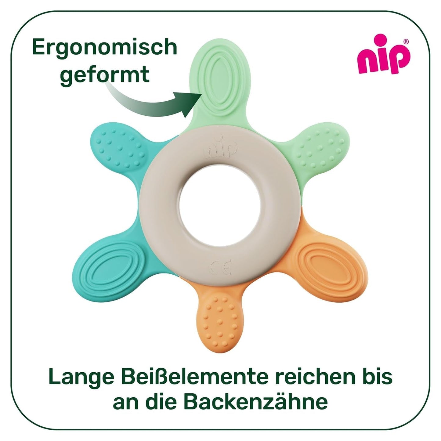 nip – Beißring | Nachhaltiger Beißring für Babys ab 3 Monaten, hergestellt aus über 65 % natürlichen Rohstoffen. Zur sanften Massage von Zahnfleisch, Zunge und Zähnen | Rot/Grün/Orange