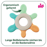 nip – Beißring | Nachhaltiger Beißring für Babys ab 3 Monaten, hergestellt aus über 65 % natürlichen Rohstoffen. Zur sanften Massage von Zahnfleisch, Zunge und Zähnen | Rot/Grün/Orange