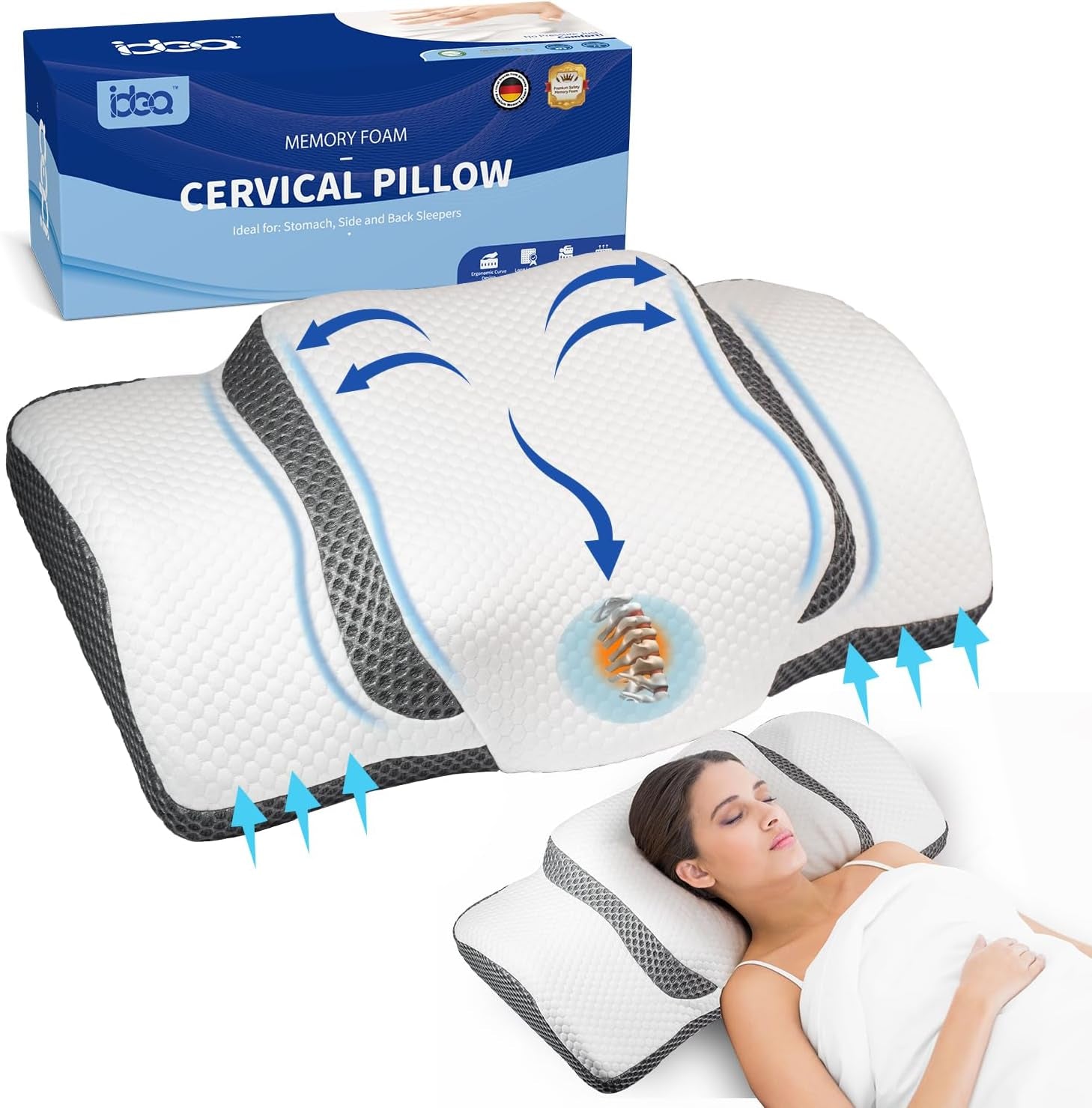Orthopädisches Kissen, ergonomisches Nackenkissen, Kopfkissen, Original-Memory-Schaum-Kissen für Seiten, Rücken- und Bauchunterstützung, Nackenstützkissen für Männer, Frauen (67,3 x 38,2 x 13,8/3 cm). Orthopädische Halskissen von Naty Shop