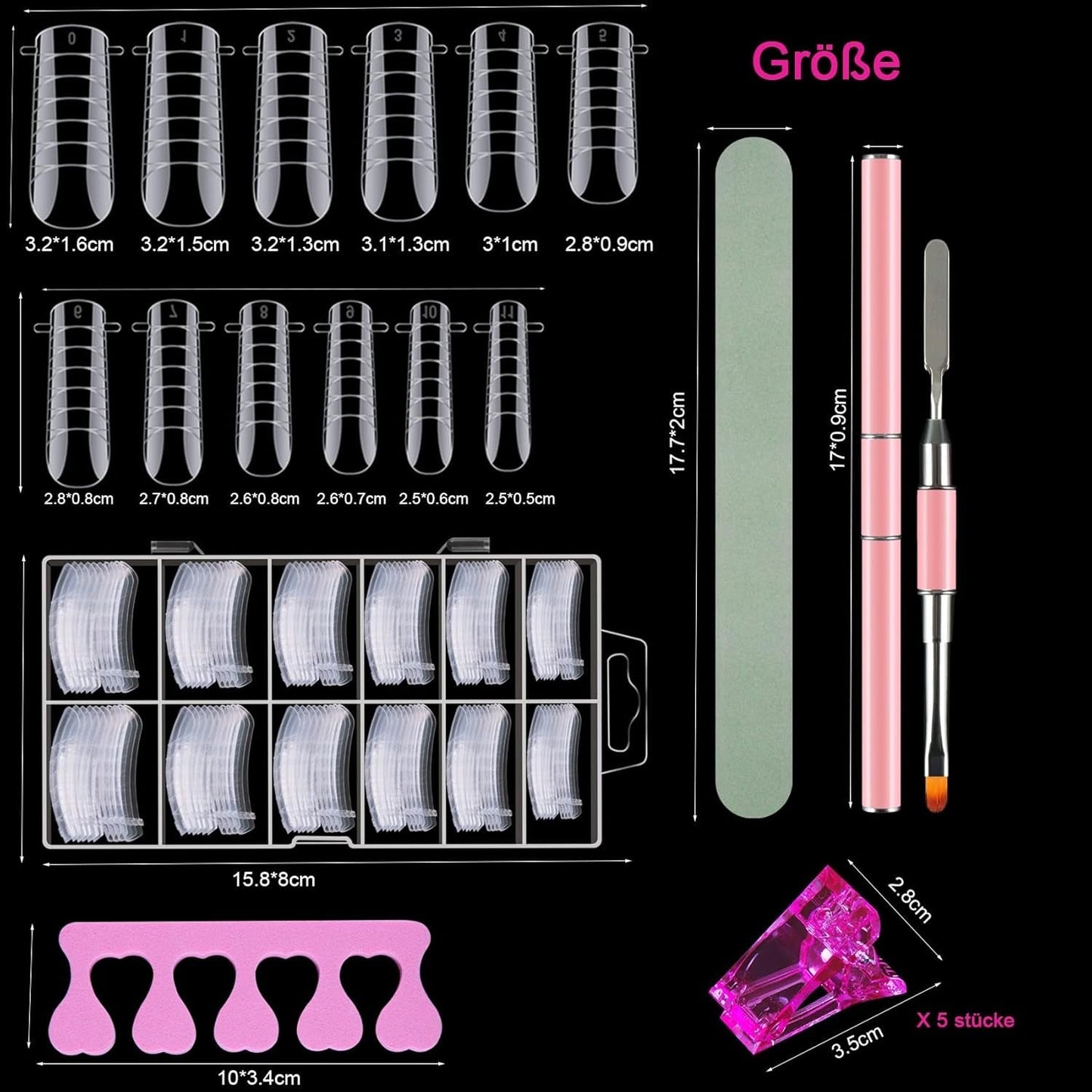 120 Doppel-Nagelformen-Set, Nagelverlängerungsschablonen mit rosa Doppelpinsel, Nagelspitzen-Clip, Schwamm-Zehentrenner und Nagelfeile für Polygel-Nägel