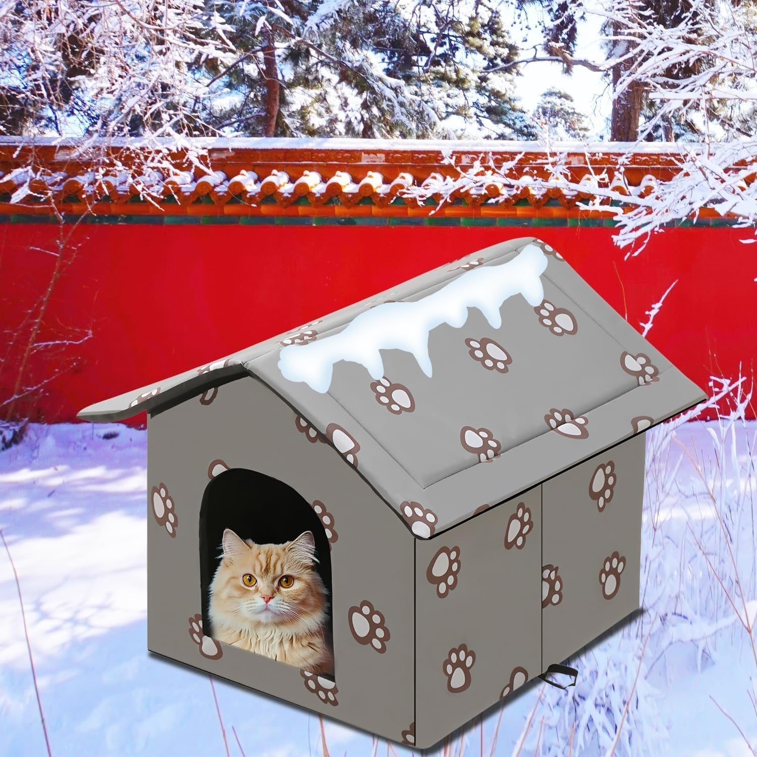 Katzenhaus für Draußen Winterfest und Wasserdicht, Faltbare Outdoor Katzenhöhle mit abnehmbarem Kissen, Wetterfestes Tierheim für Streuner und Haustiere, Waschbar und Isoliert (Graue Katzenpfote, M)