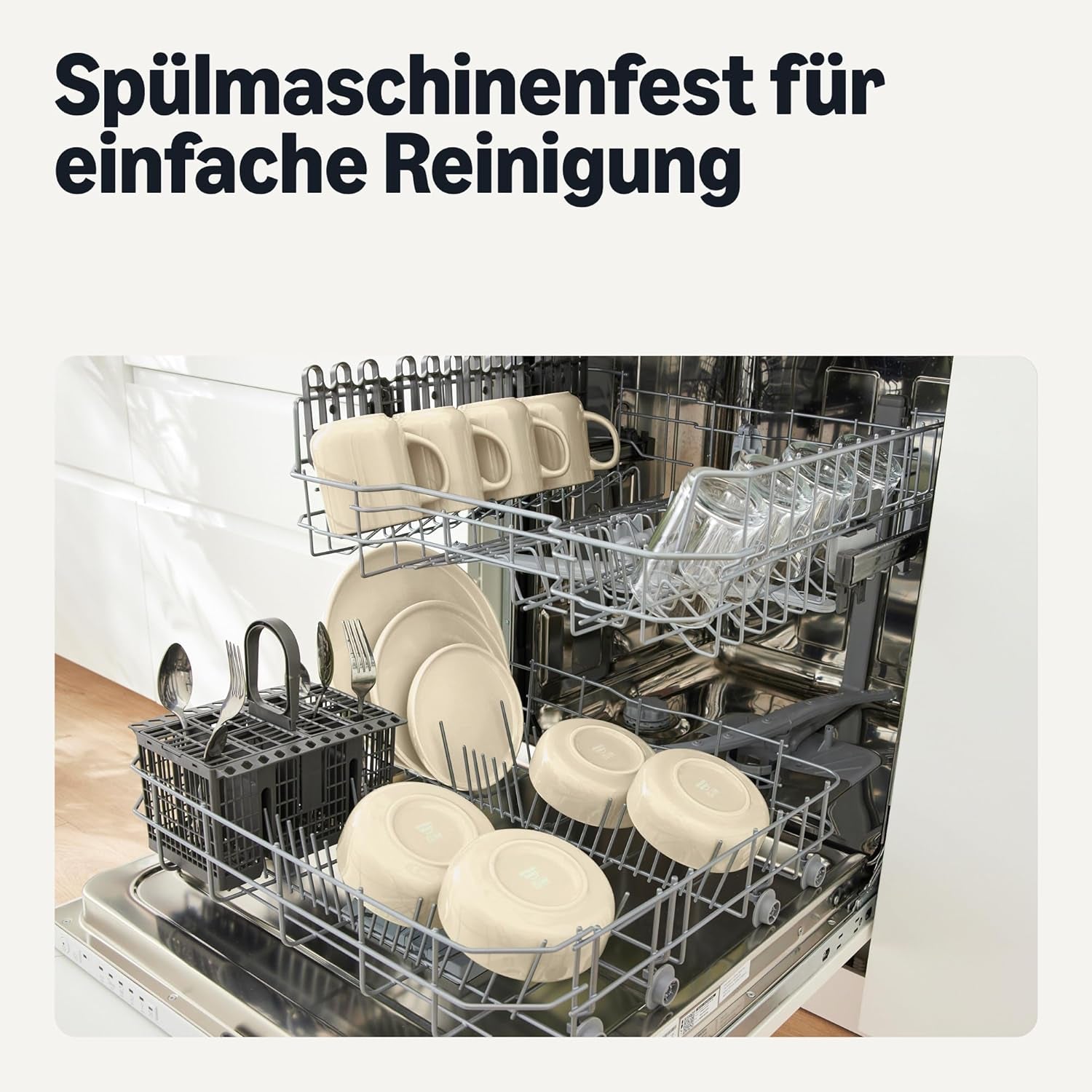 Amazon Basics – Geschirrset aus glasiertem Steinzeug, 18-teilig, 6 komplette Sets, spülmaschinenfest, Elfenbeinfarben