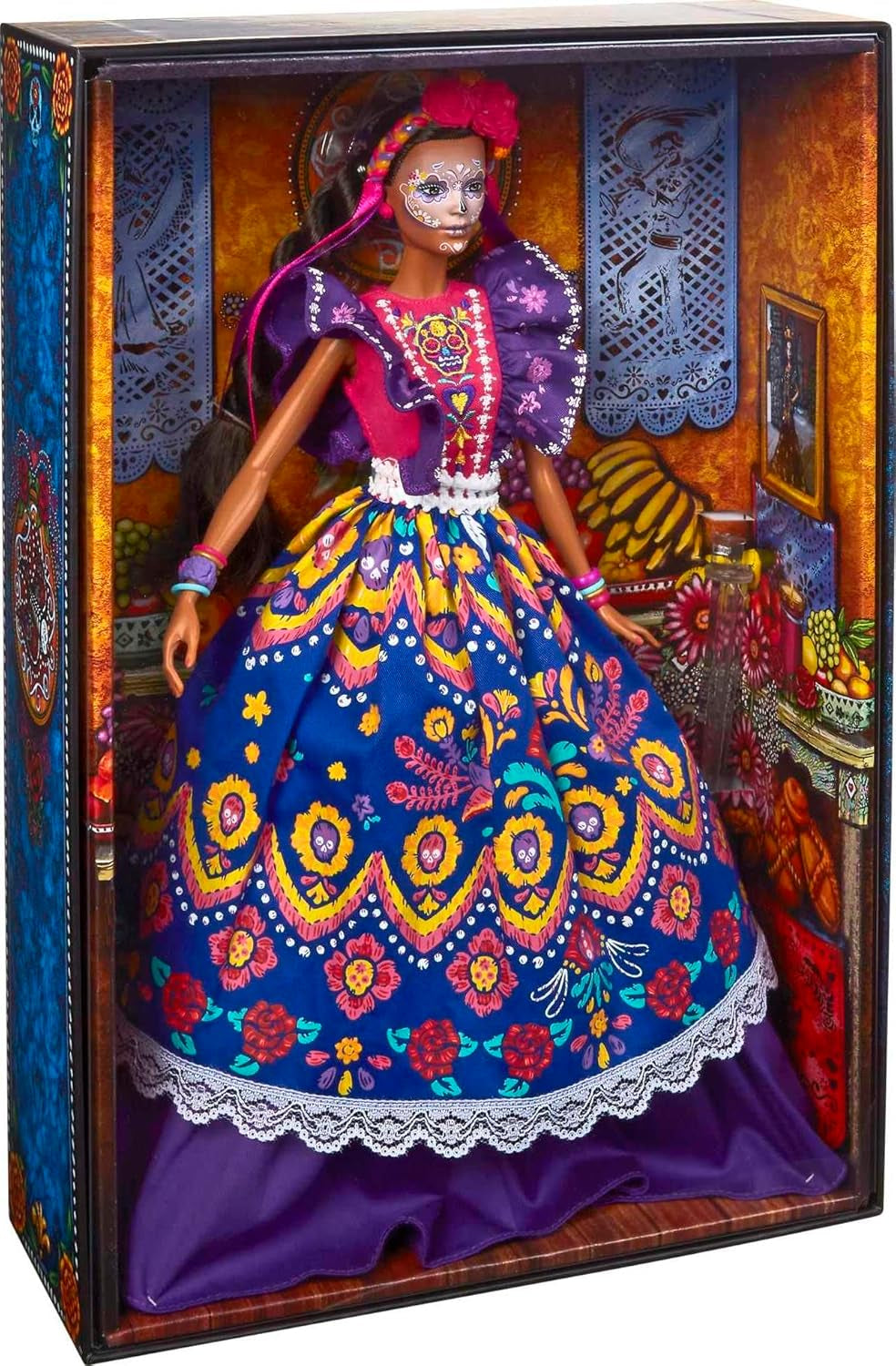 2022 Día De Muertos Barbie-Puppe mit gerüschtem Trachtenkleid, Blumenkranz und Calavera-Gesichtsbemalung, Geschenk für Sammler