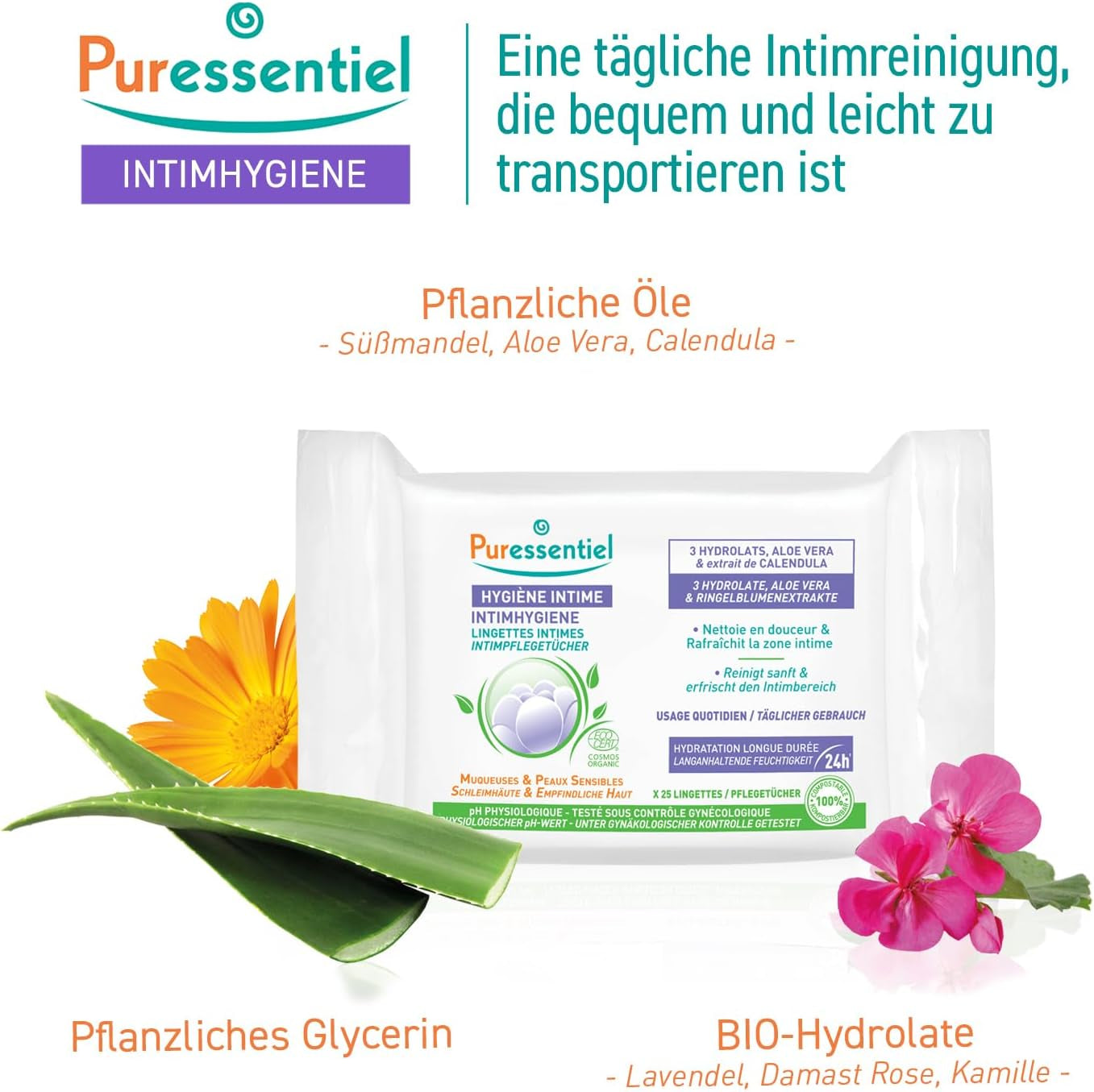 Puressentiel - Intimhygiene - Intimtücher - Reinigend und erfrischend - Empfindliche Schleimhäute und Haut - Langanhaltende Feuchtigkeitsversorgung 24 Stunden - Für den täglichen Gebrauch - X25 Stck.