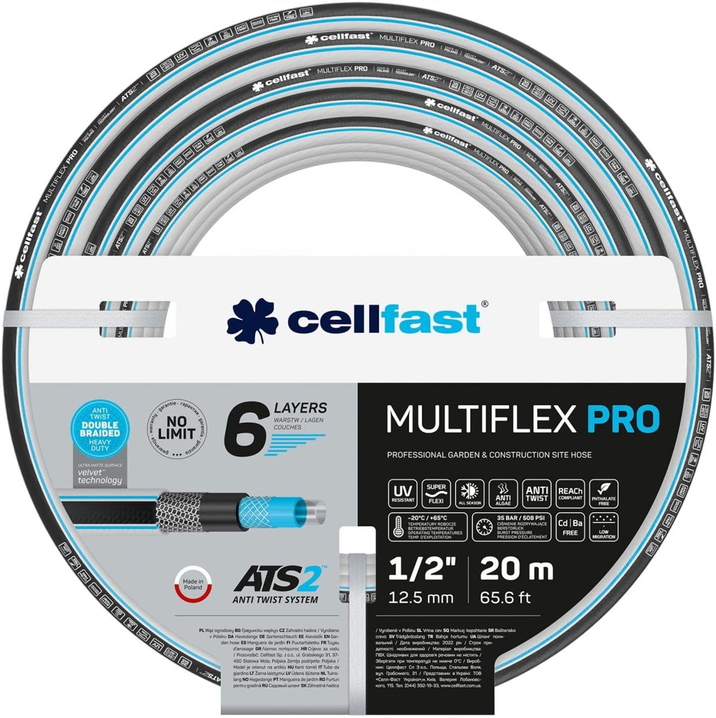 Gartenschlauch Cellfast MULTIFLEX PRO, langlebig, 6-lagig, ATS2-Strickgeflecht, UV- und algenbeständig, schwermetallfrei, Samttechnologie, 35 bar, -20/+65°C, 3/4", 30m
