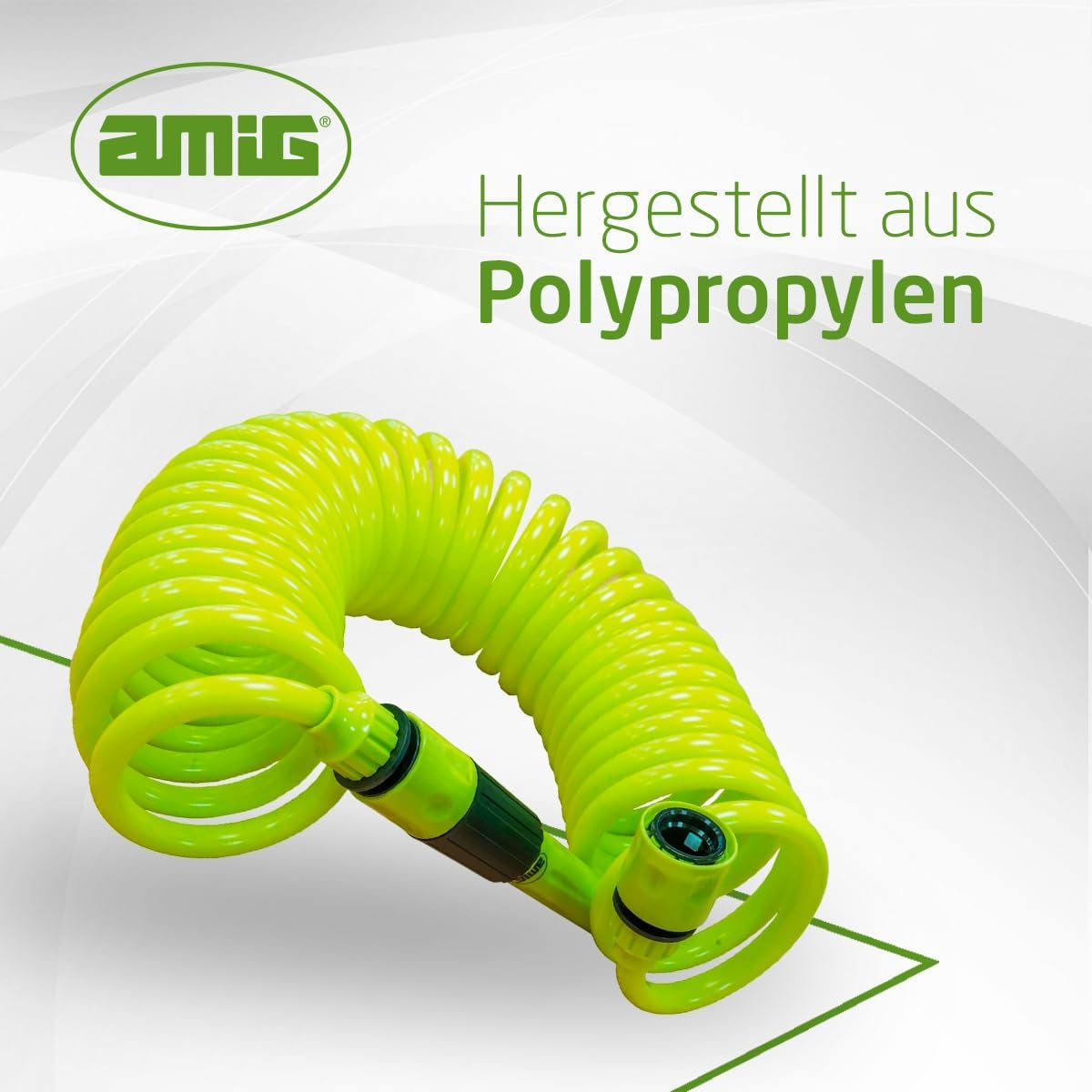 Amig - Spiralschlauch | Aus Polypropylen | Ausziehbar bis 7,5 m | Inklusive Bewässerungslanze, Adapter und 2 Gelenken | Pistaziengrün