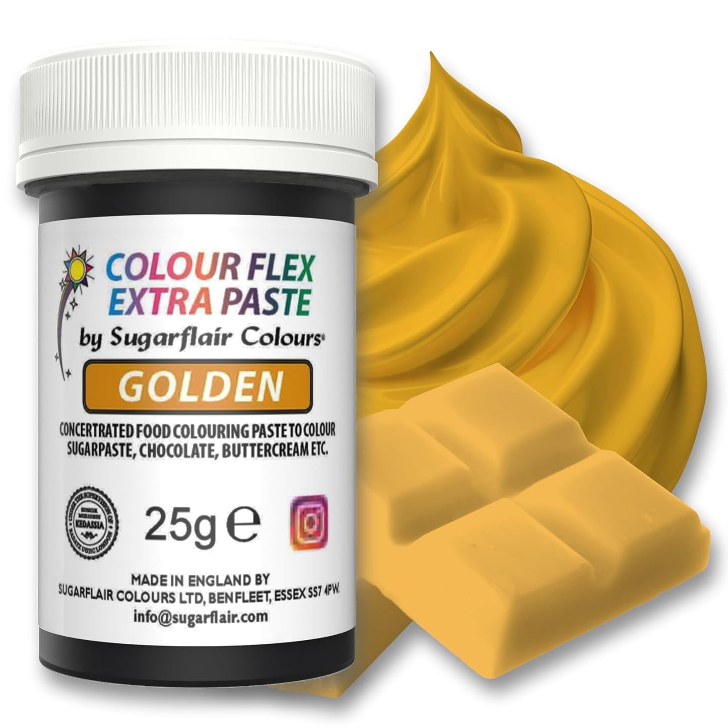 Lebensmittelfarbpaste Sugarflair Colourflex Extra Paste Golden – Essbare Lebensmittelfarbe für Buttercreme, Schokolade, Zuckerpaste, Glasur, Fondant, Kuchenmischungen, Teig und mehr – 25 g