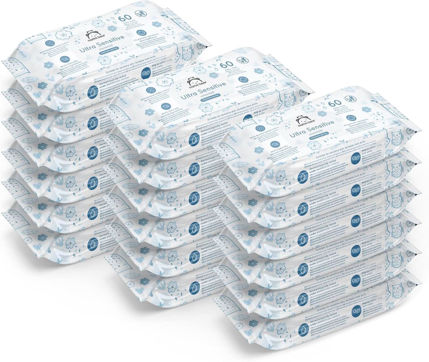 Mama Bear Ultra Sensitive Babyfeuchttücher, parfümfrei, 1008 Stück (18 Packungen à 60 Stück), Naty Shop