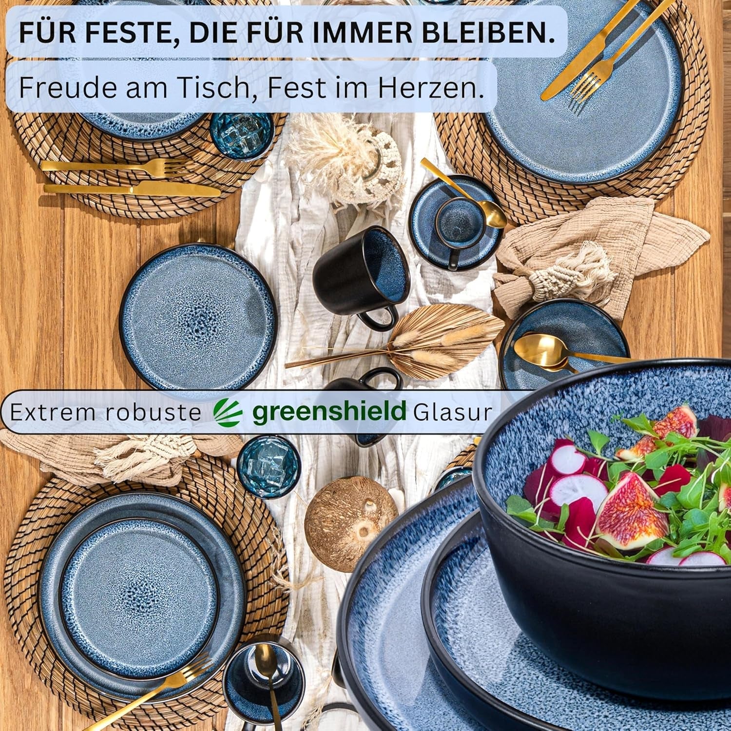 SÄNGER Aruba | Steinzeug-Geschirrset für 6 Personen, 6 Speiseteller, 6 Frühstücksteller, 6 Speiseteller, 6 Nudelschalen, Blau mit schwarzem Rand | DIE VALUE-KOLLEKTION