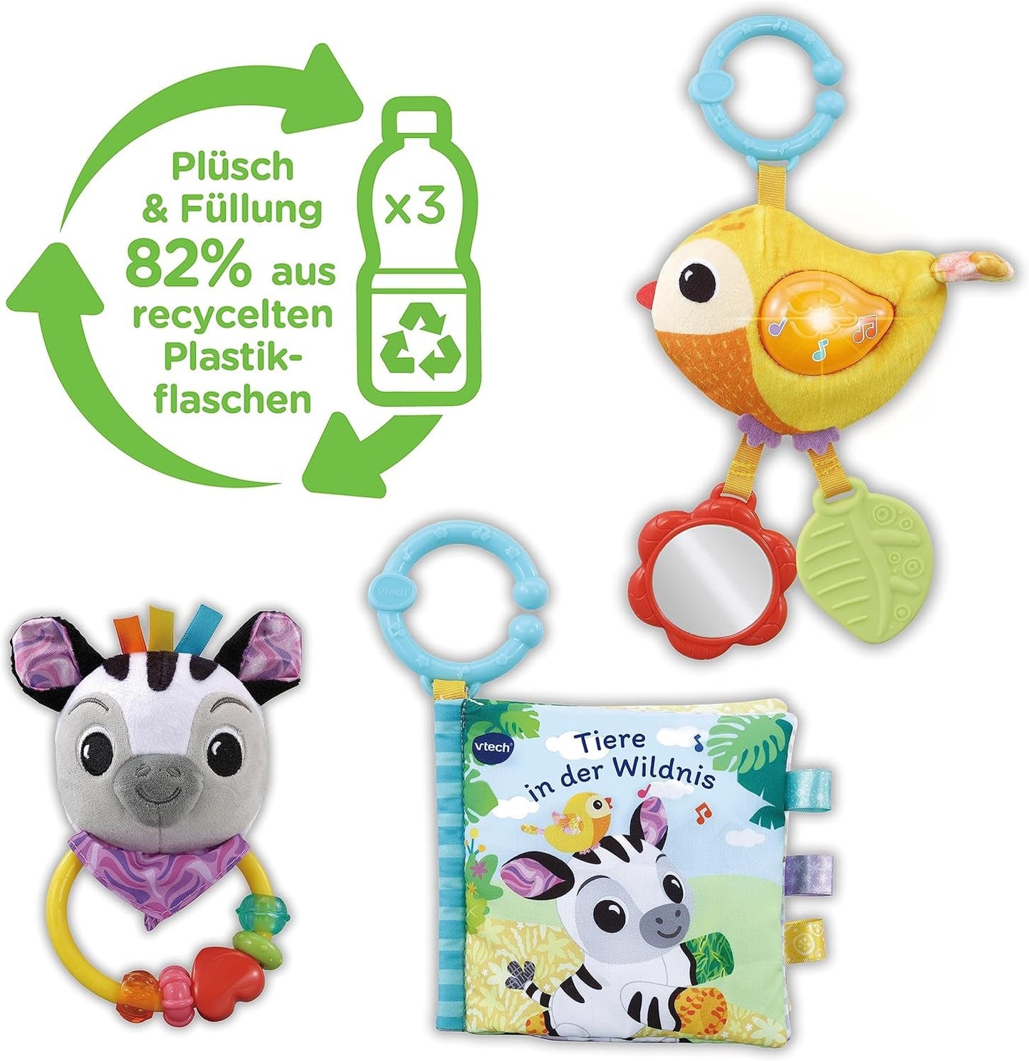 VTech Baby – Baby's Animal Friends Geschenkset – Spielzeugset mit Stoffbuch, singendem Vogel und Zebrarassel – für 0–24 Monate Babyspielzeug Naty Shop