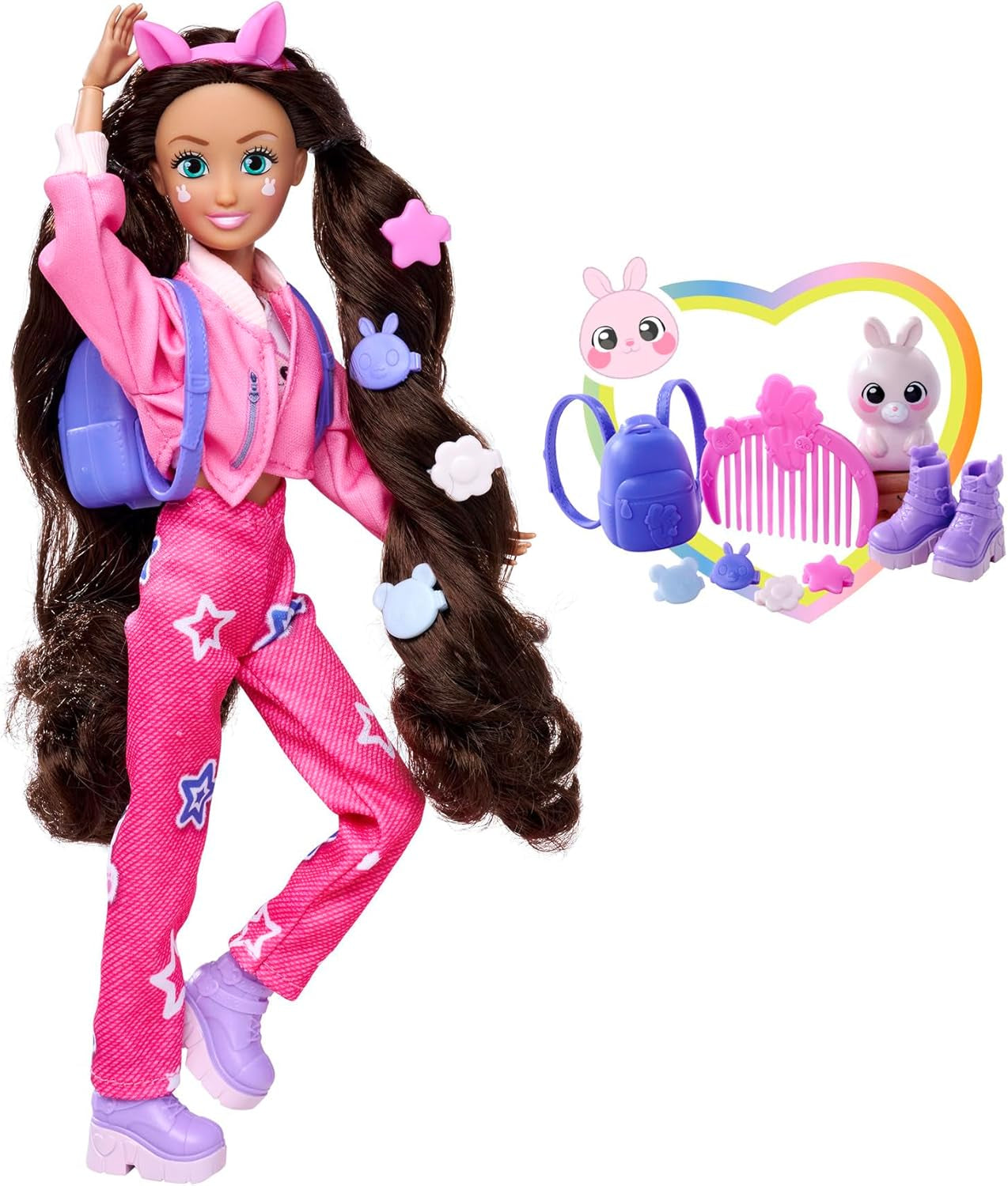 Simba 105953975 – Kawaii Hi Dress-Up Lucy Puppe (26 cm) – bewegliche Friseur-Modepuppe, Langhaar-Hasenpuppe und Zubehör, Spielzeug für Kinder ab 4 Jahren