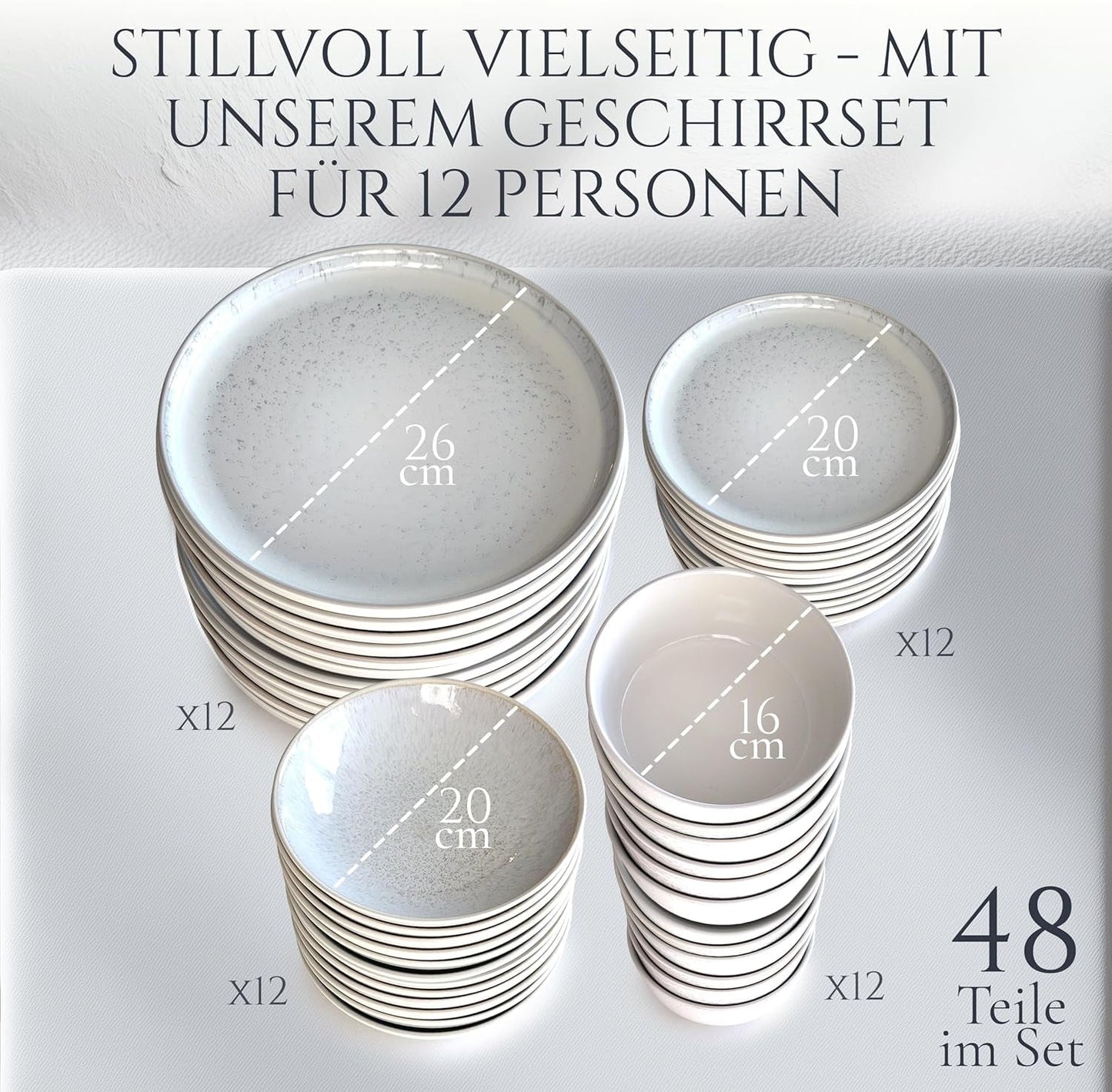 48-teiliges Keramik-Steinzeug-Geschirrset für 12 Personen, Ibiza-Design, TESTSIEGER. Ein wunderschönes mediterranes Geschirrset aus Keramiksteinzeug mit Schüsseln und Tellern. Pure Living Geschirrset, beige.