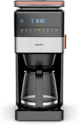 KRUPS Grind Aroma XL Espressokocher, abnehmbares konisches Mahlwerk, digitales Bedienfeld, XL-Kapazität (1,5 l), Warmhaltefunktion, Glaskaraffe, Schwarz/Edelstahl, KM842810
