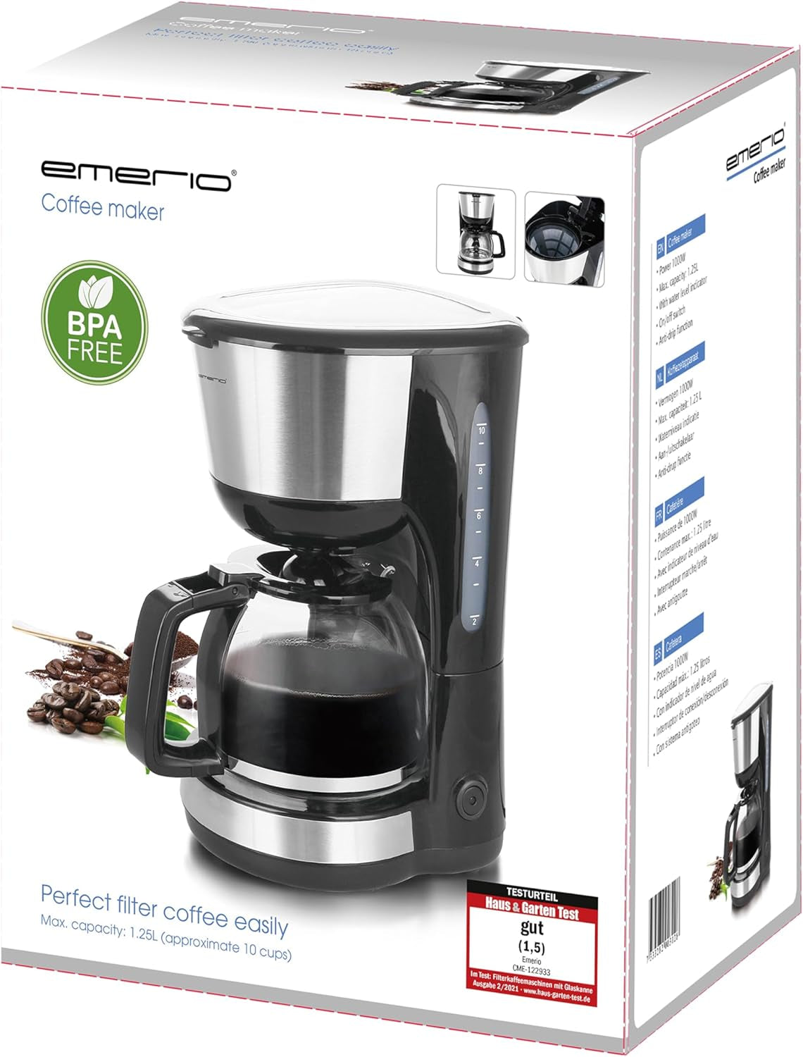 Emerio CME-122933, Filterkaffeemaschine, 1,25 l für bis zu 10 Tassen frischen Kaffee, permanent herausnehmbarer Filter, Anti-Tropf-Funktion, Glaskaraffe, automatische Abschaltung, 1000 Watt, schwarz/silber