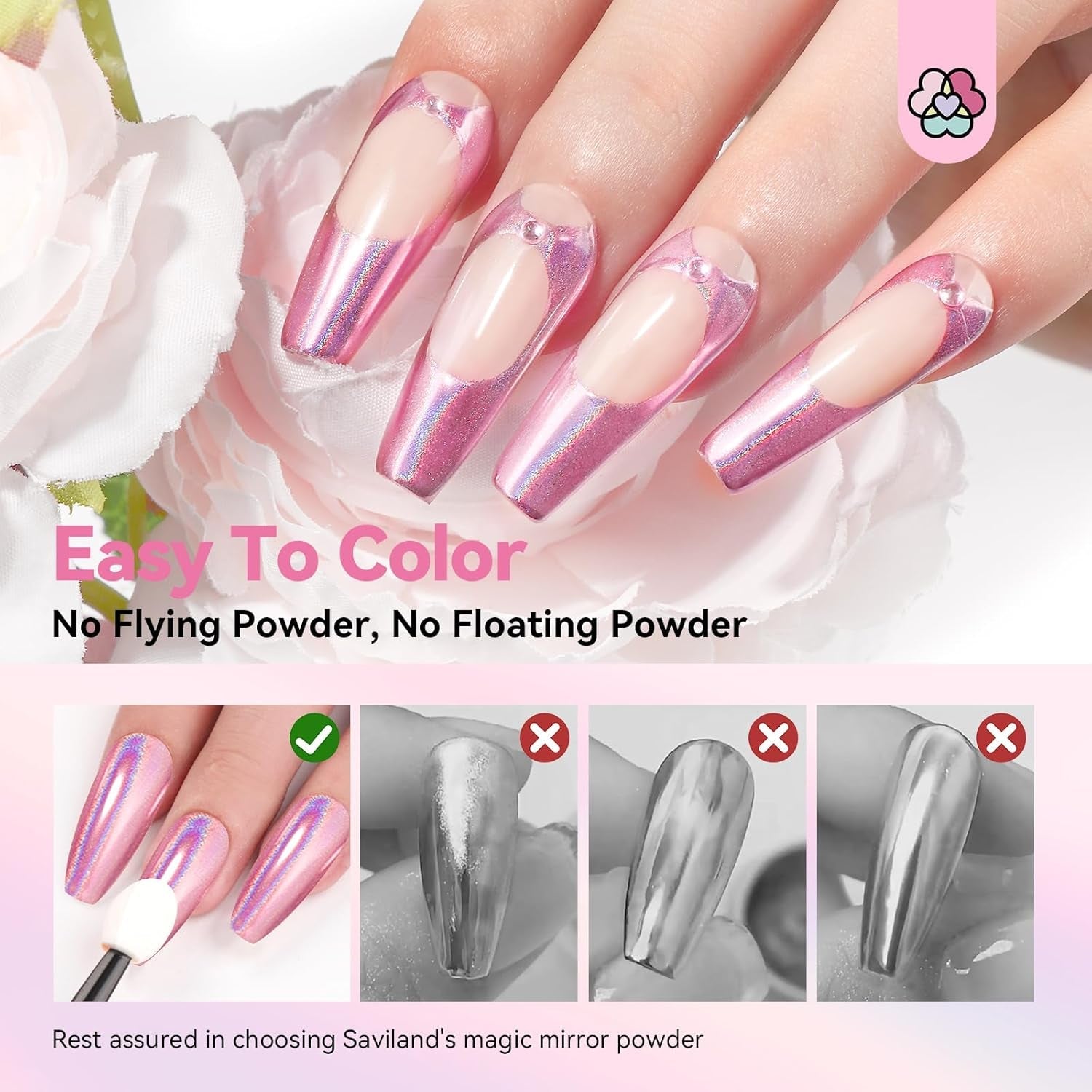 Saviland Chrom-Nagelpulver-Set – rosa Laser-Chrom-Nagelpulver mit Spiegeleffekt, Laser-Nagelkunst, Nagel-Glitzer-Maniküre-Dekorationspulver mit Schwammstäbchen, Nagel-Glitzer-Puder-Nagelstudio