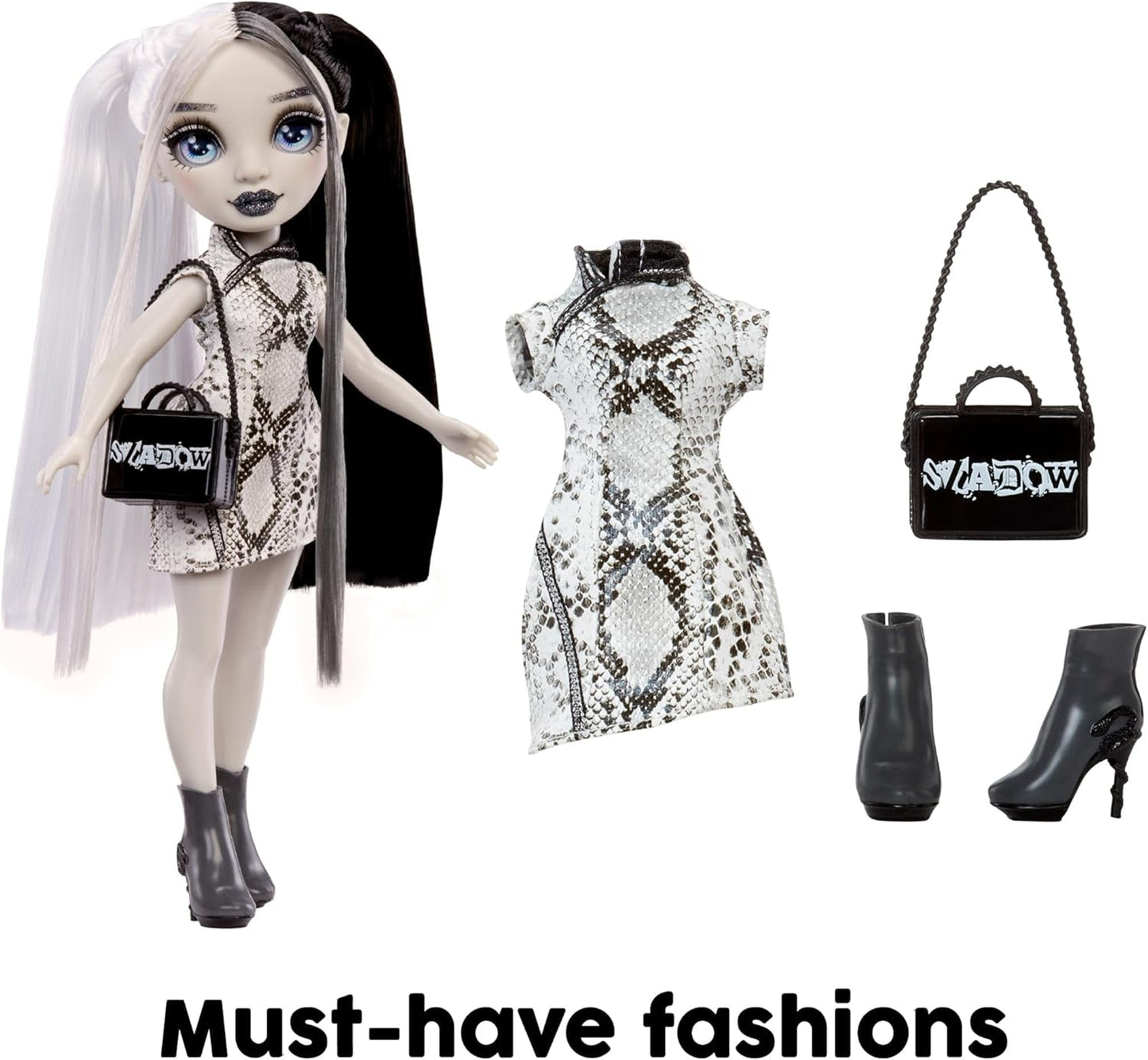 Rainbow High Shadow High Heather Grayson Puppe – 28 cm in Grautönen, schwarz-weißes Haar und Outfit, stilvolle Tasche, süßes Geschenk für Kinder von 4–10 Jahren