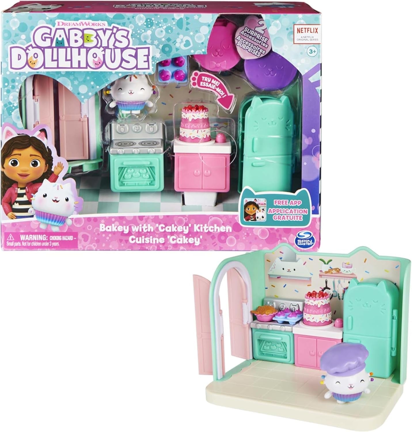 GABBY'S DREAMWORKS PUPPENHAUS – Deluxe-Zimmer, Cakey-Konditorei, Kuchi-Küche (rumänisch: Cakey), 3 Möbelstücke und 2 Überraschungsboxen mit Zubehör, geeignet für Kinder ab 3 Jahren
